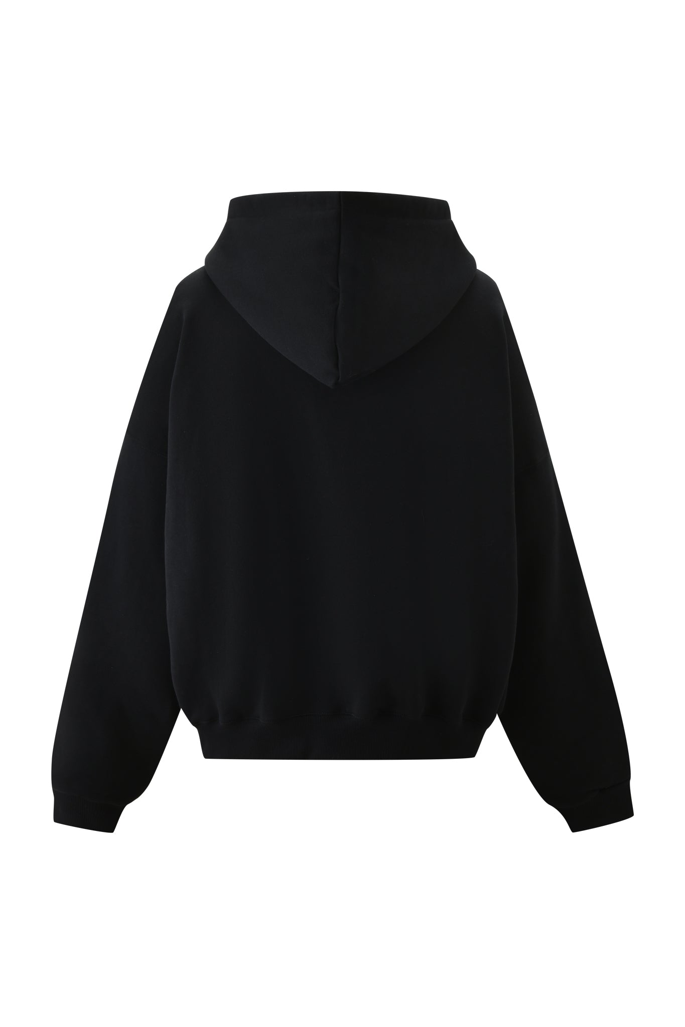 The POLINA HOODIE - THIRST TRAPPER by I.AM.GIA is a plain black hoodie shown from the back, featuring a hood, long sleeves, and ribbed cuffs and hem, displayed on a white background.
