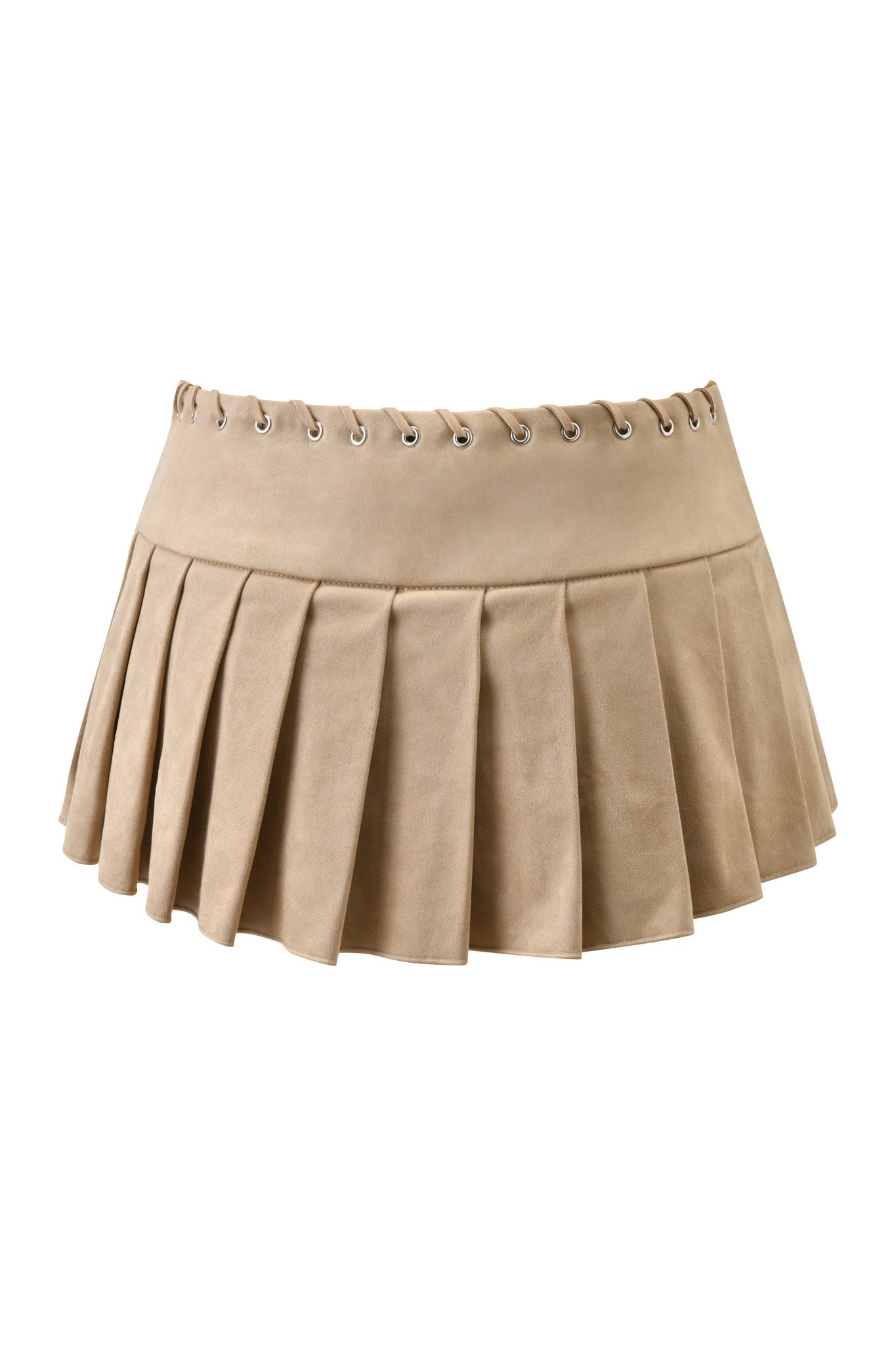 The REMINI SUEDE SKORT - TAN by I.AM.GIA features a beige faux suede pleated mini design with a wide waistband and silver eyelets for a chic finish.