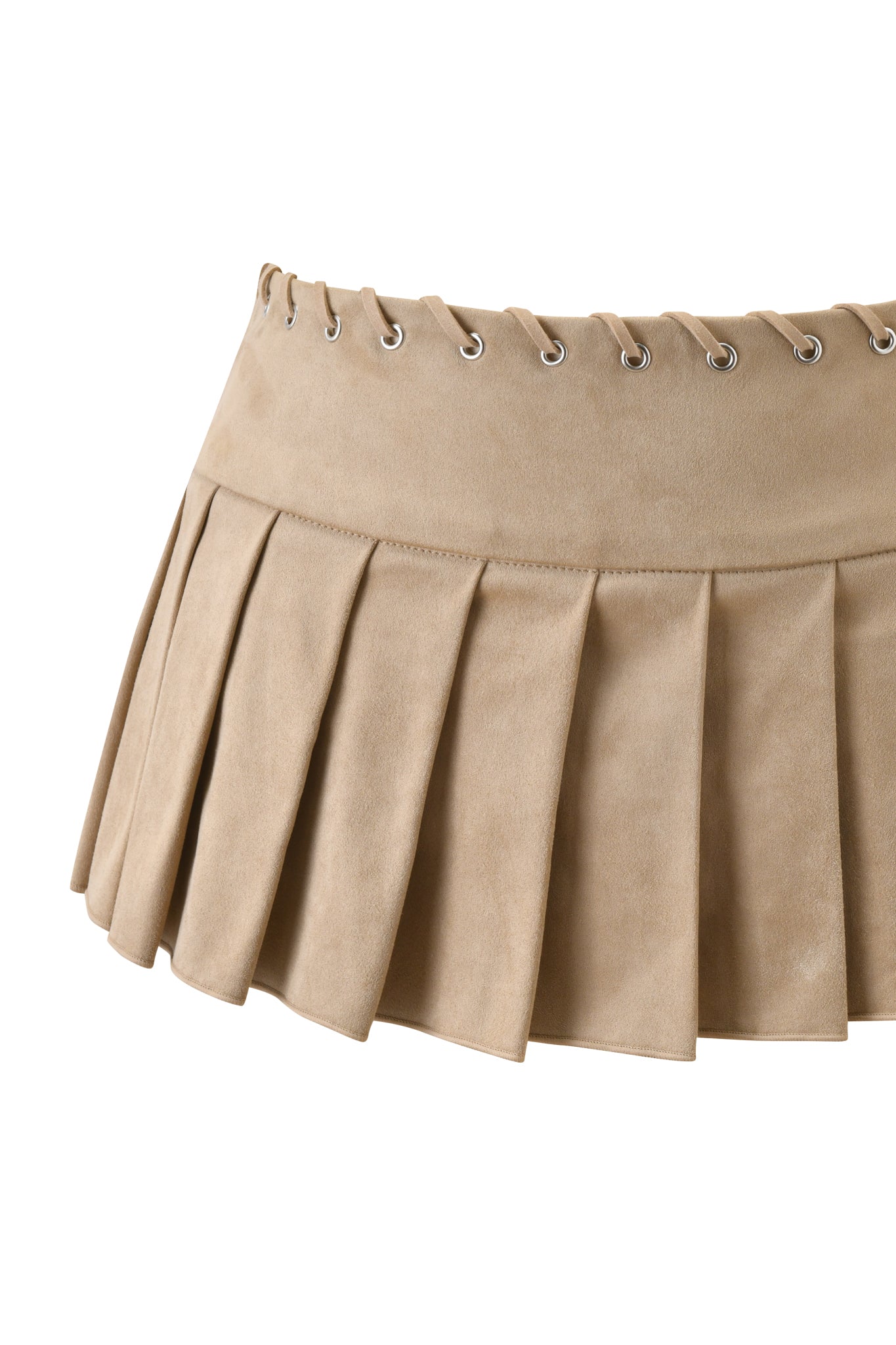 The REMINI SUEDE SKORT - TAN by I.AM.GIA features wide pleats and silver eyelet details at the waistband, blending chic A-line style with modern faux suede sophistication.