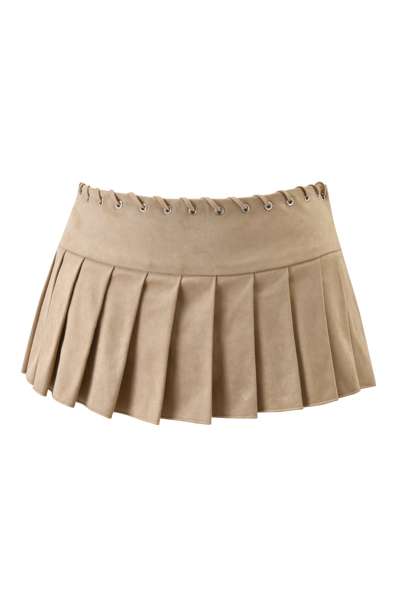 The I.AM.GIA REMINI SUEDE SKORT in tan features an A-line mini silhouette in faux suede, with pleated details and a lace-up grommet accent at the waistband.