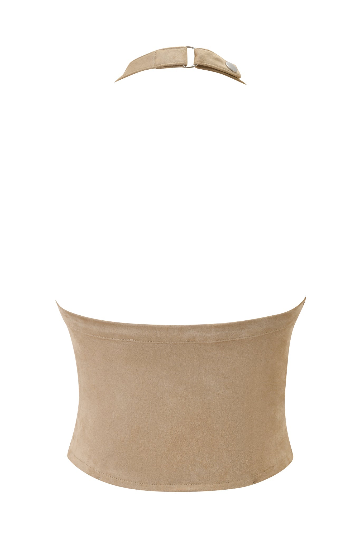 The I.AM.GIA ZEPHYR CAMI TOP in tan features a strapless faux suede design with braiding, a halter neck strap, and a silver buckle, displayed against a white background.