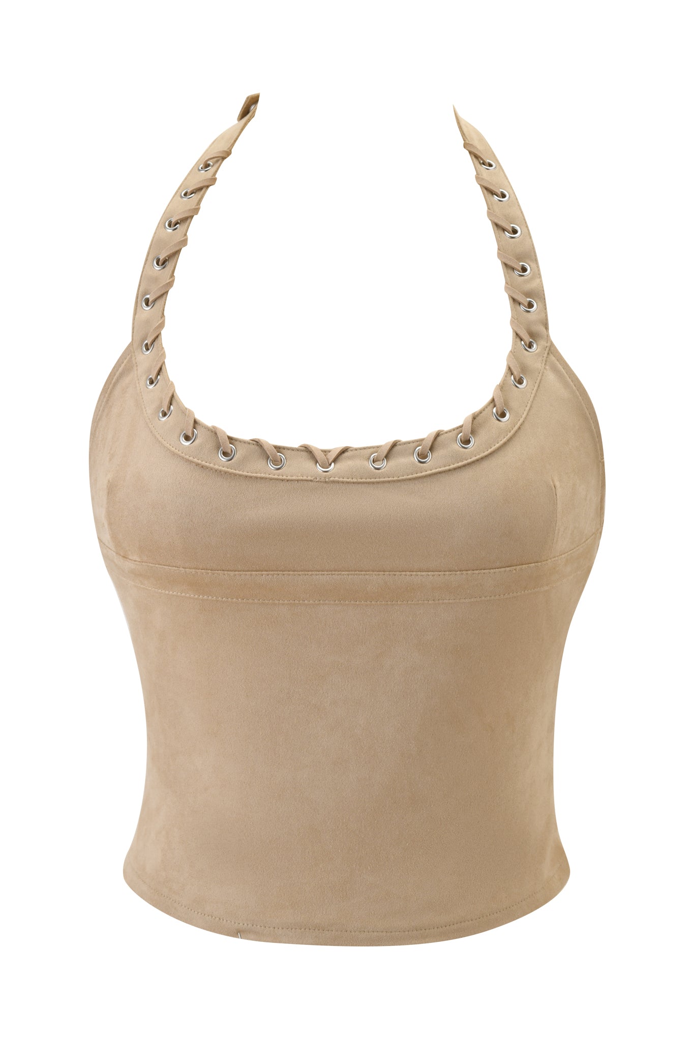 The ZEPHYR CAMI TOP - TAN by I.AM.GIA is a fitted, sleeveless halter crop top in faux suede with a velvet texture, lace-up grommet neckline, and subtle braided accents for added style.