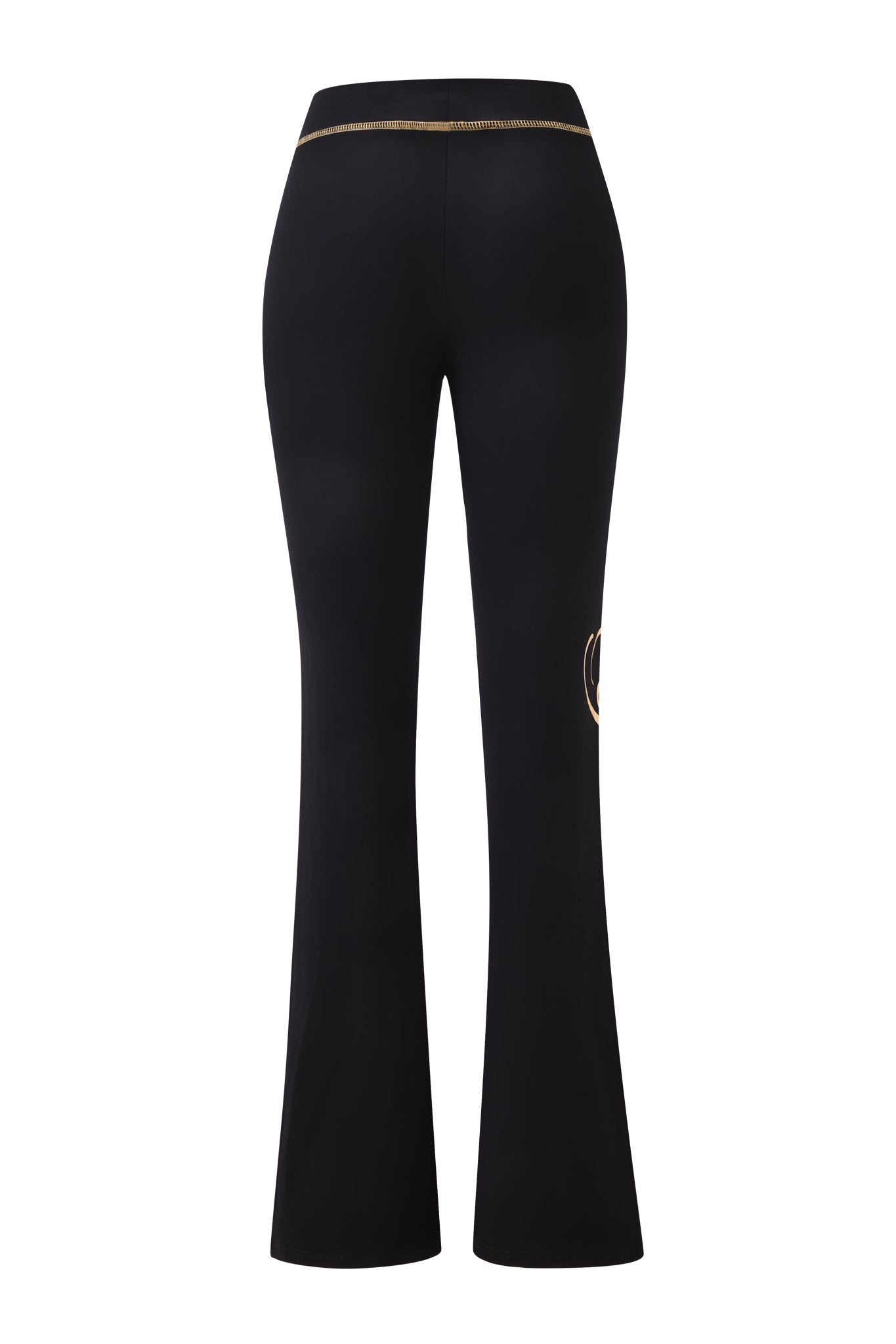 The I.AM.GIA BLARE FORM TRACKPANT - BLACK AND GOLD is a high-waisted black flare pant with a gold waistband, small gold metallic print on the upper leg, and crafted from sculpted Form fabric for a sleek silhouette.