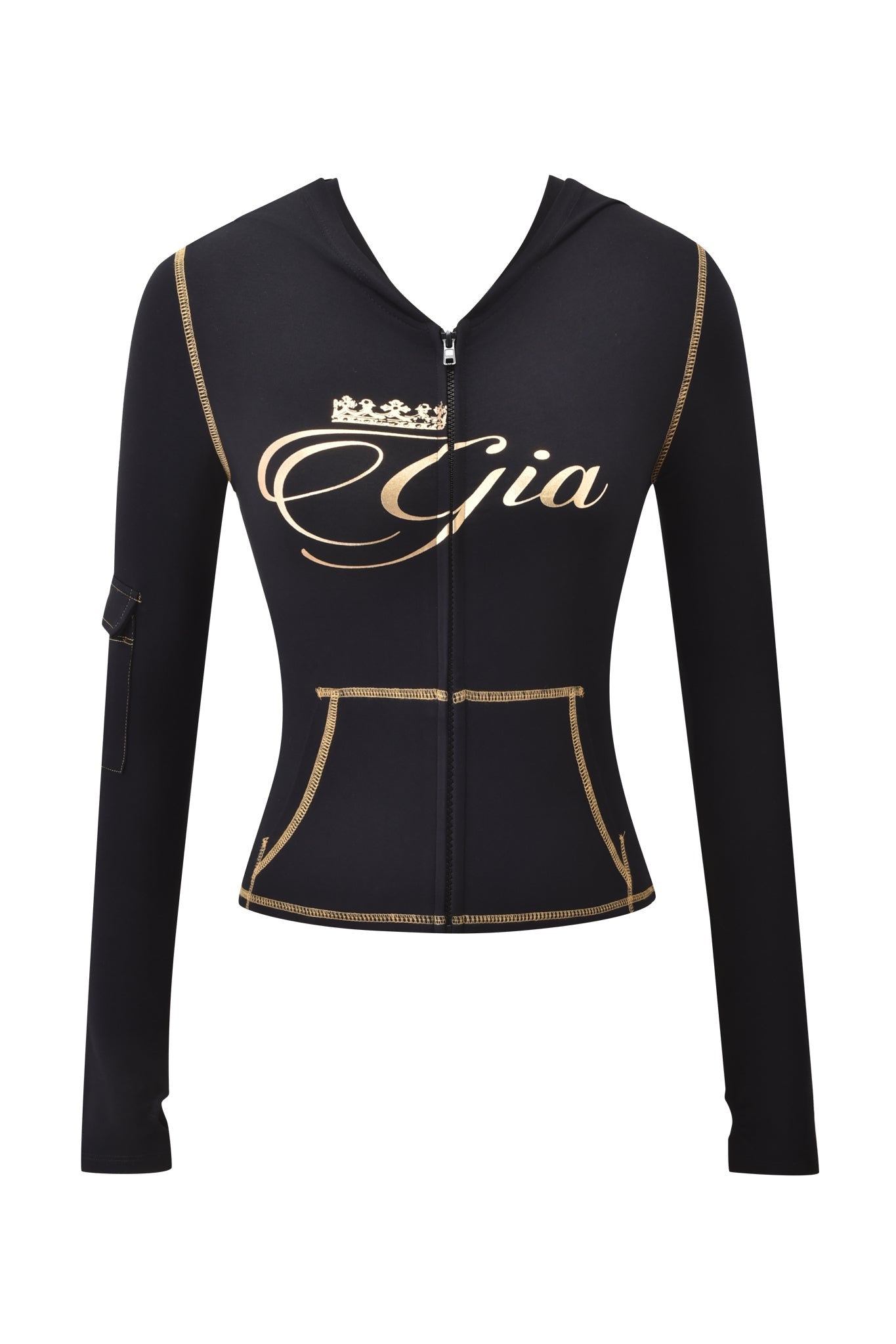 The BLARE FORM MULTI POCKET HOODIE by I.AM.GIA features a bodycon fit in black and gold, gold stitching, crown graphic, "Gia" script on the chest, long sleeves, front pockets, and a hood for a sleek style.