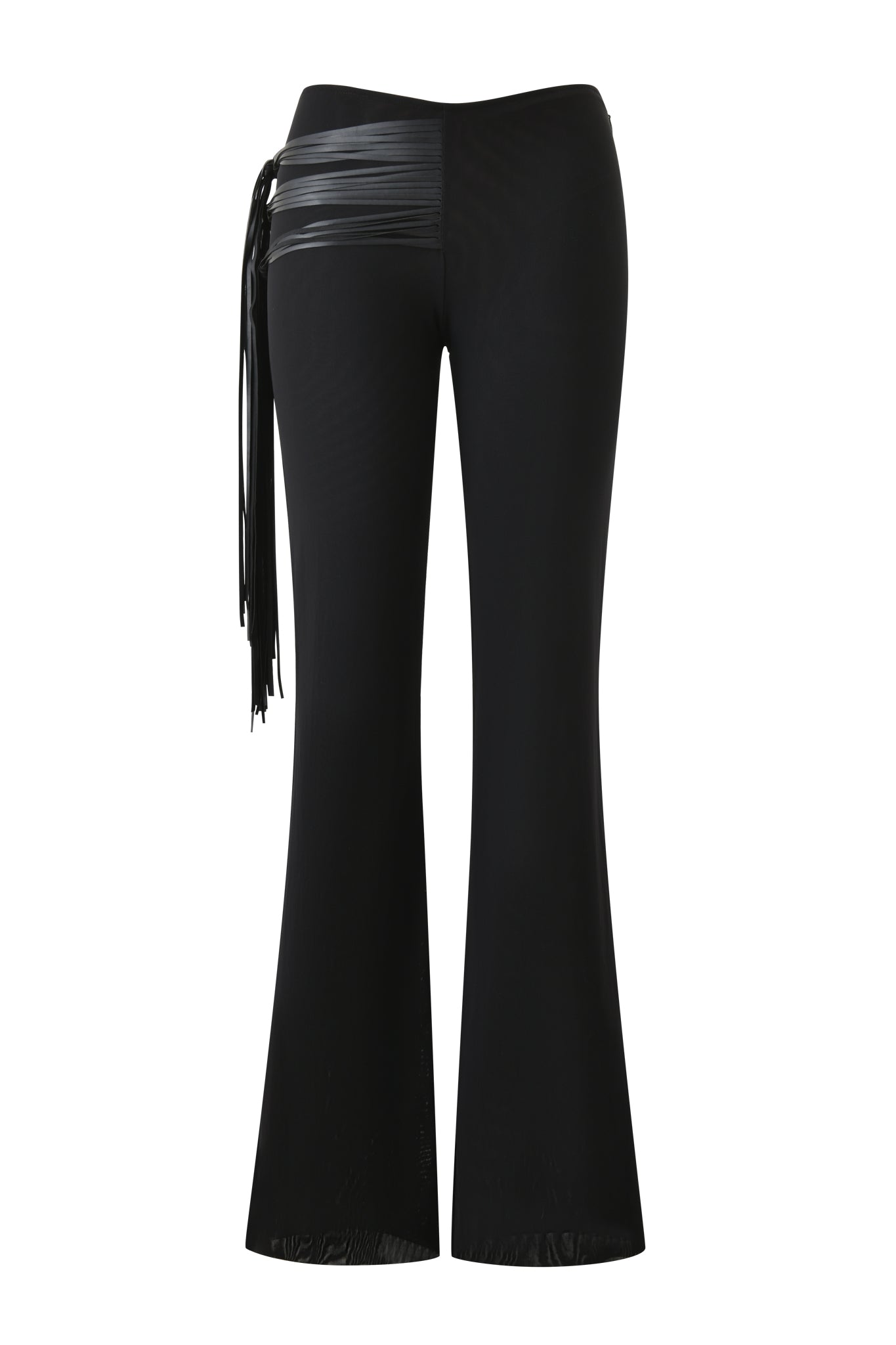 The I.AM.GIA ISELDA FRINGE PANT - BLACK features a high waist, faux leather detailing and fringe on the left hip, a side tie accent, and sleek power mesh for a modern, form-fitting look.