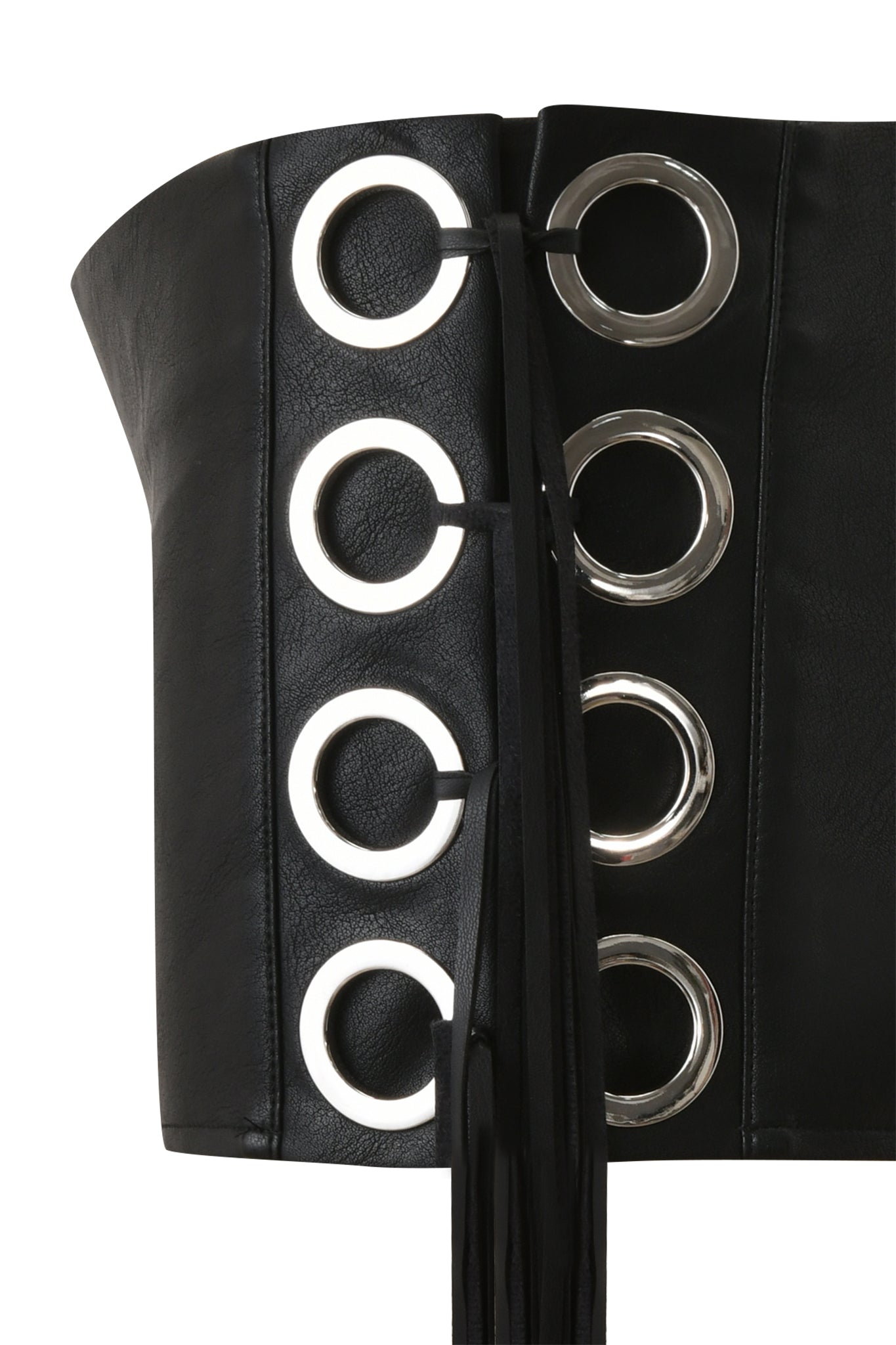 Close-up of a black leather corset with large silver eyelets, paired perfectly with I.AM.GIA's NURI FRINGE SHORT - BLACK for an edgy look.