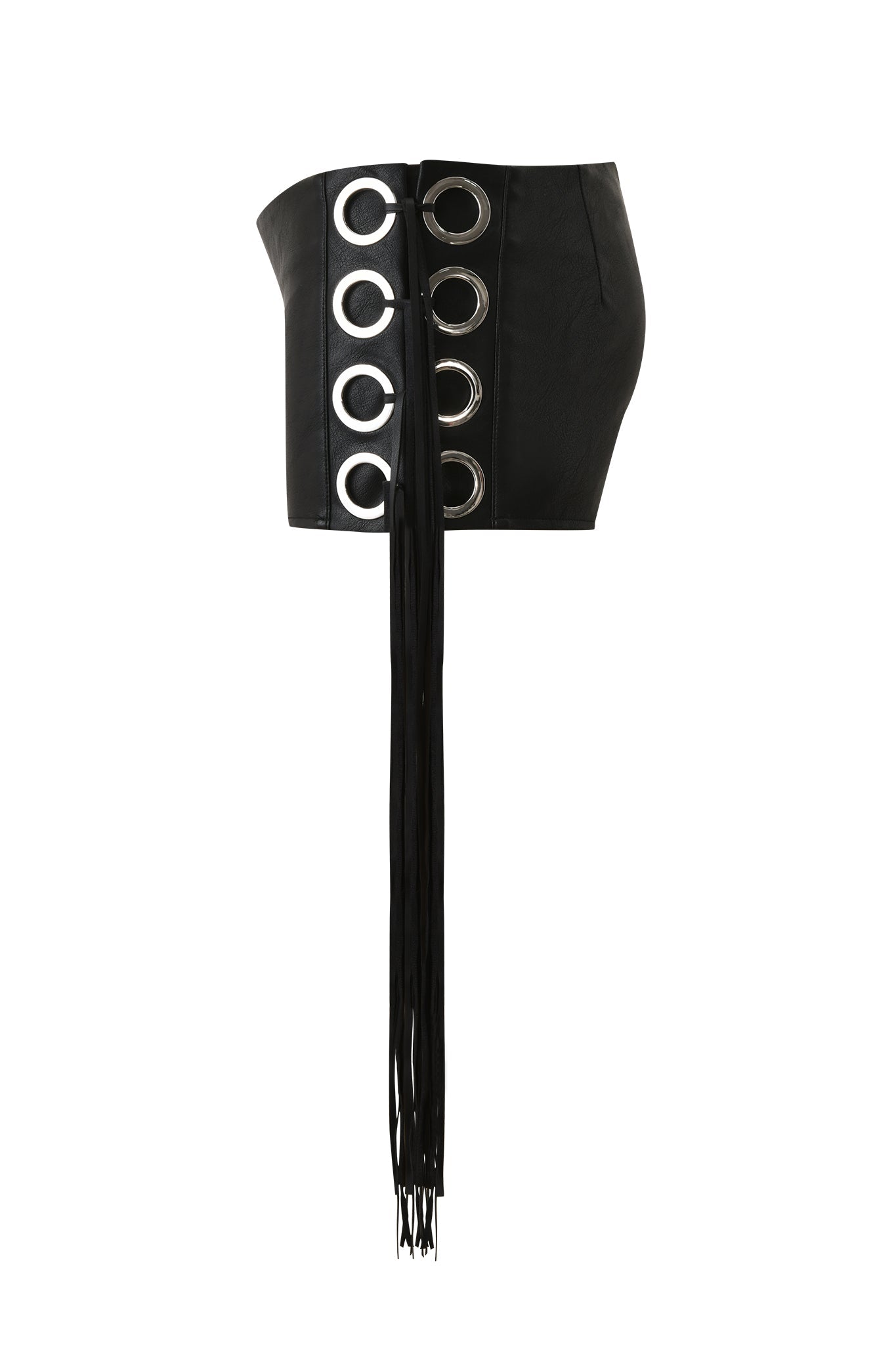 The I.AM.GIA NURI FRINGE SHORT in black features large silver grommets down the front with long black fringe laces threaded through, echoing the bold style of fringed hot shorts.