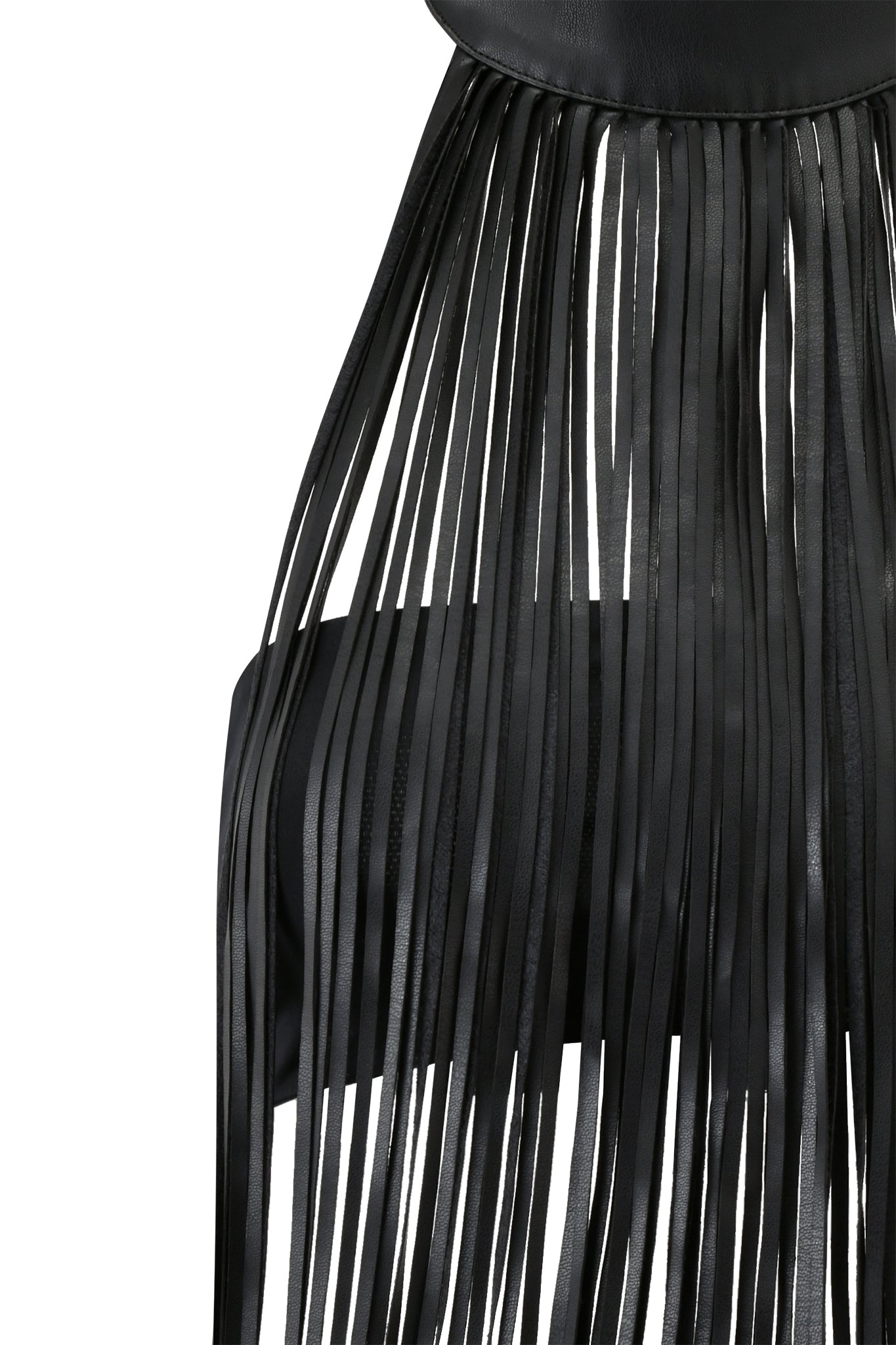 Close-up of the I.AM.GIA BRISA FRINGE TOP in black, featuring long, thin fringe strips for a layered, textured effect against a plain white background.