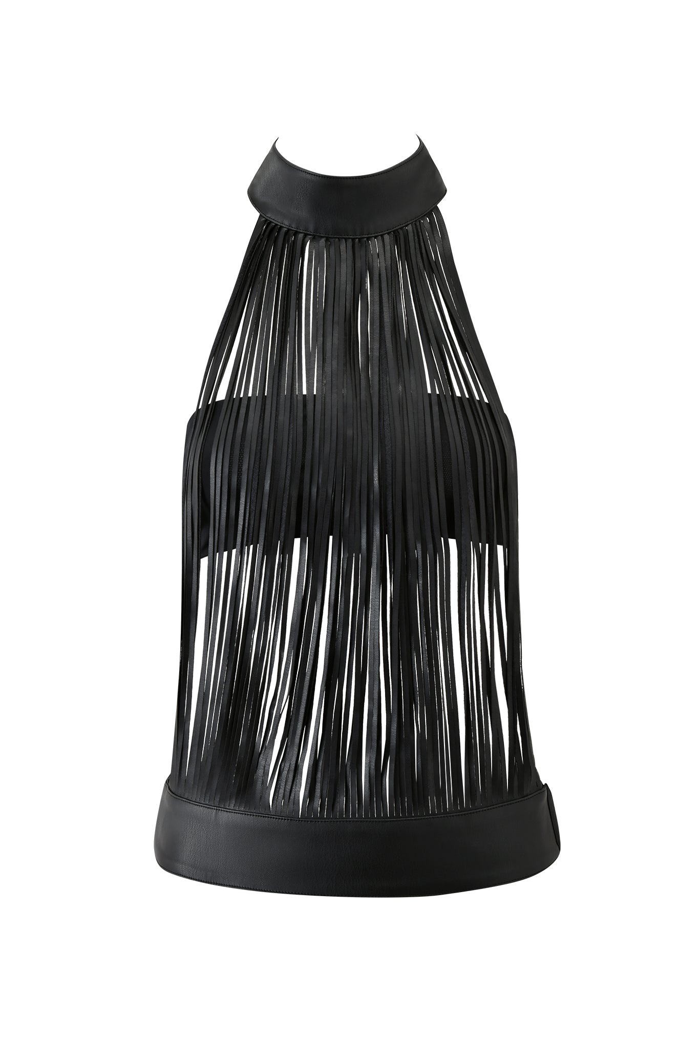 The BRISA FRINGE TOP - BLACK by I.AM.GIA features black faux leather with long fringe from neckline to hem, sleek bands at neck and waist, and an open-back design for a bold, dramatic look.
