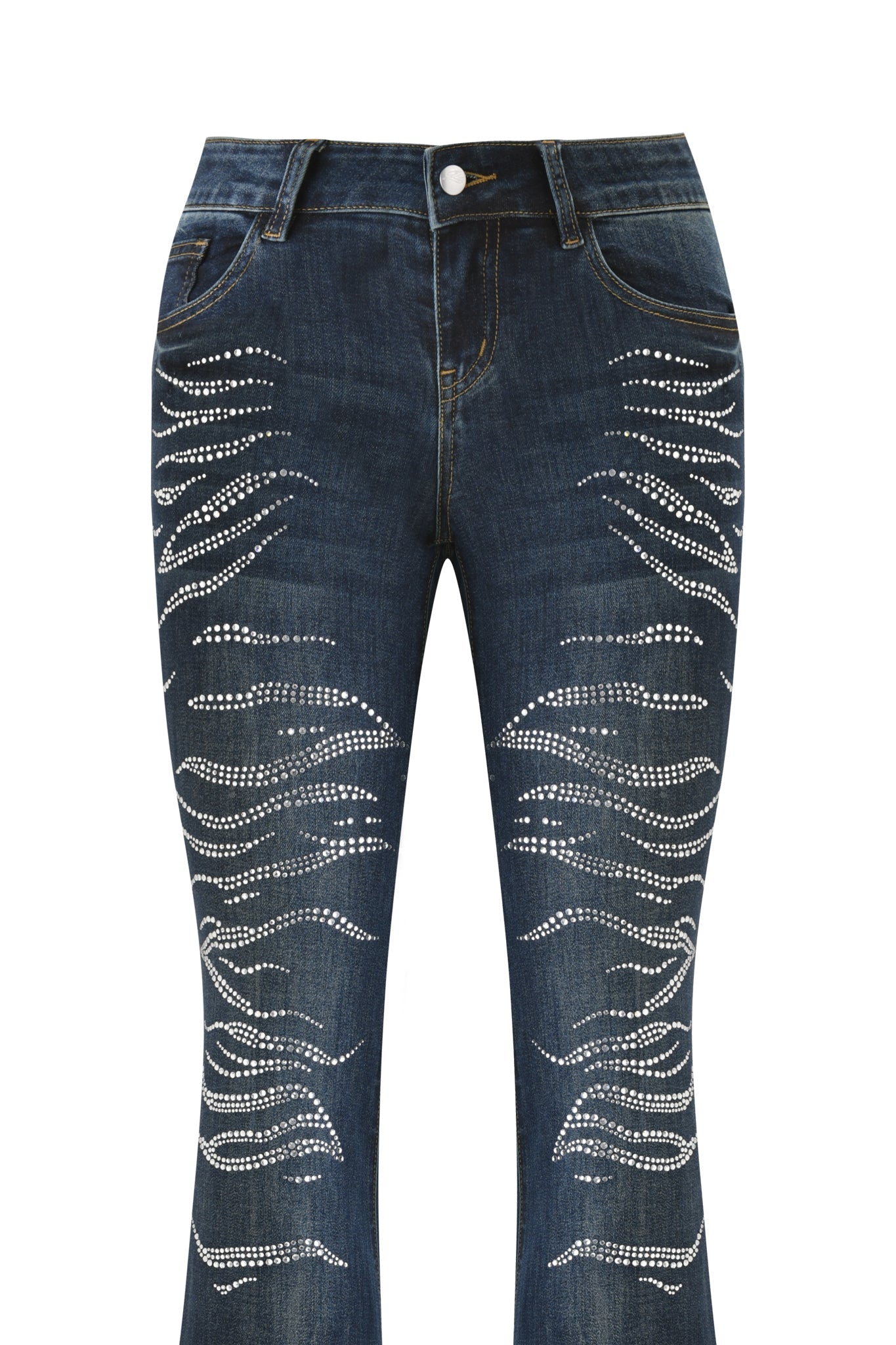 The I.AM.GIA JIJI DIAMONTE JEAN - BLUE is a dark blue low-rise bootcut jean with a button closure, front pockets, and wavy striped rows of diamante embellishments down the front of both legs.