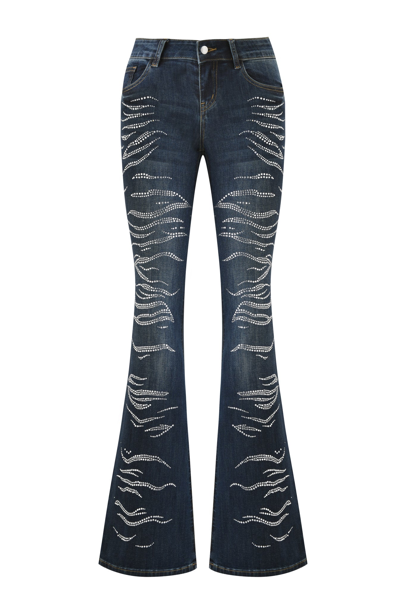 The JIJI DIAMONTE JEAN - BLUE by I.AM.GIA features dark blue low rise bootcut denim with diamante zebra-inspired patterns, front pockets, belt loops, and a button closure for a bold statement look.
