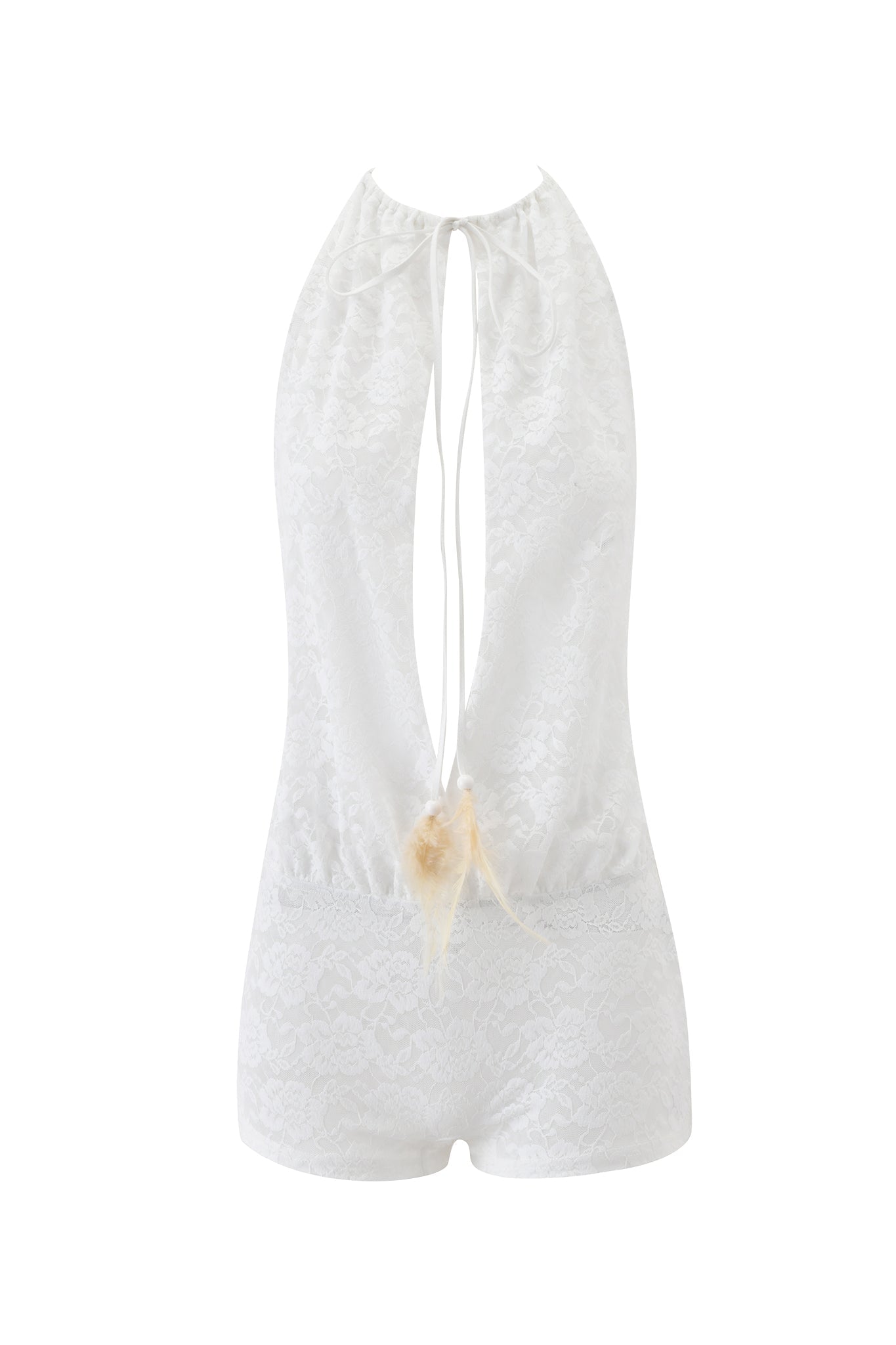 The PHERN PLAYSUIT - WHITE by I.AM.GIA features white floral lace, a deep plunge halter neckline, open back with tie closure, beige flower detail at the lower back, and fitted micro mini shorts for a chic look.