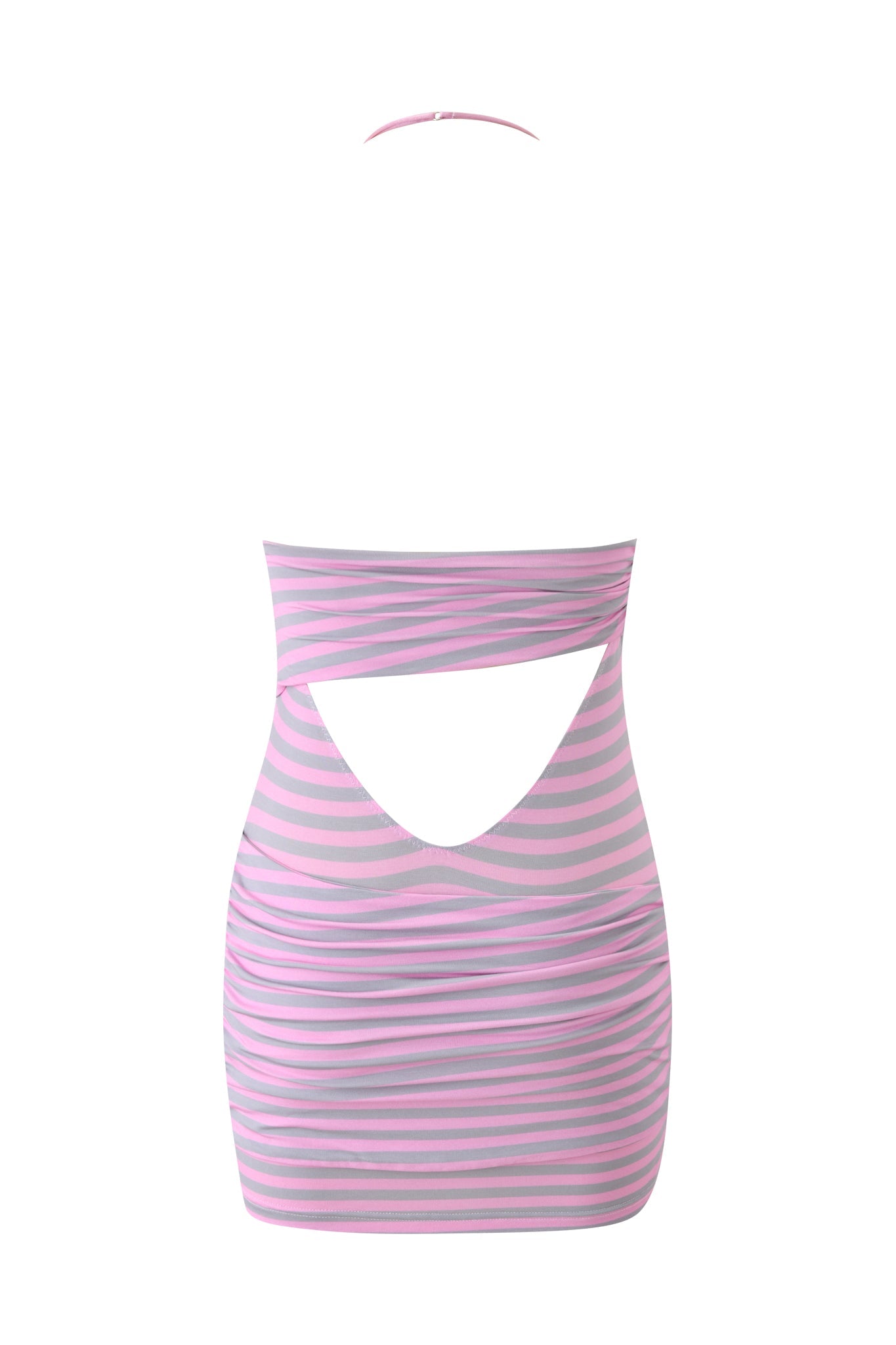 The CAPRICE MINI DRESS by I.AM.GIA is a sleeveless, bodycon mini with pink and lavender stripes, an adjustable halter neck, and a bold diamond-shaped back cutout—for a flirty, standout look.