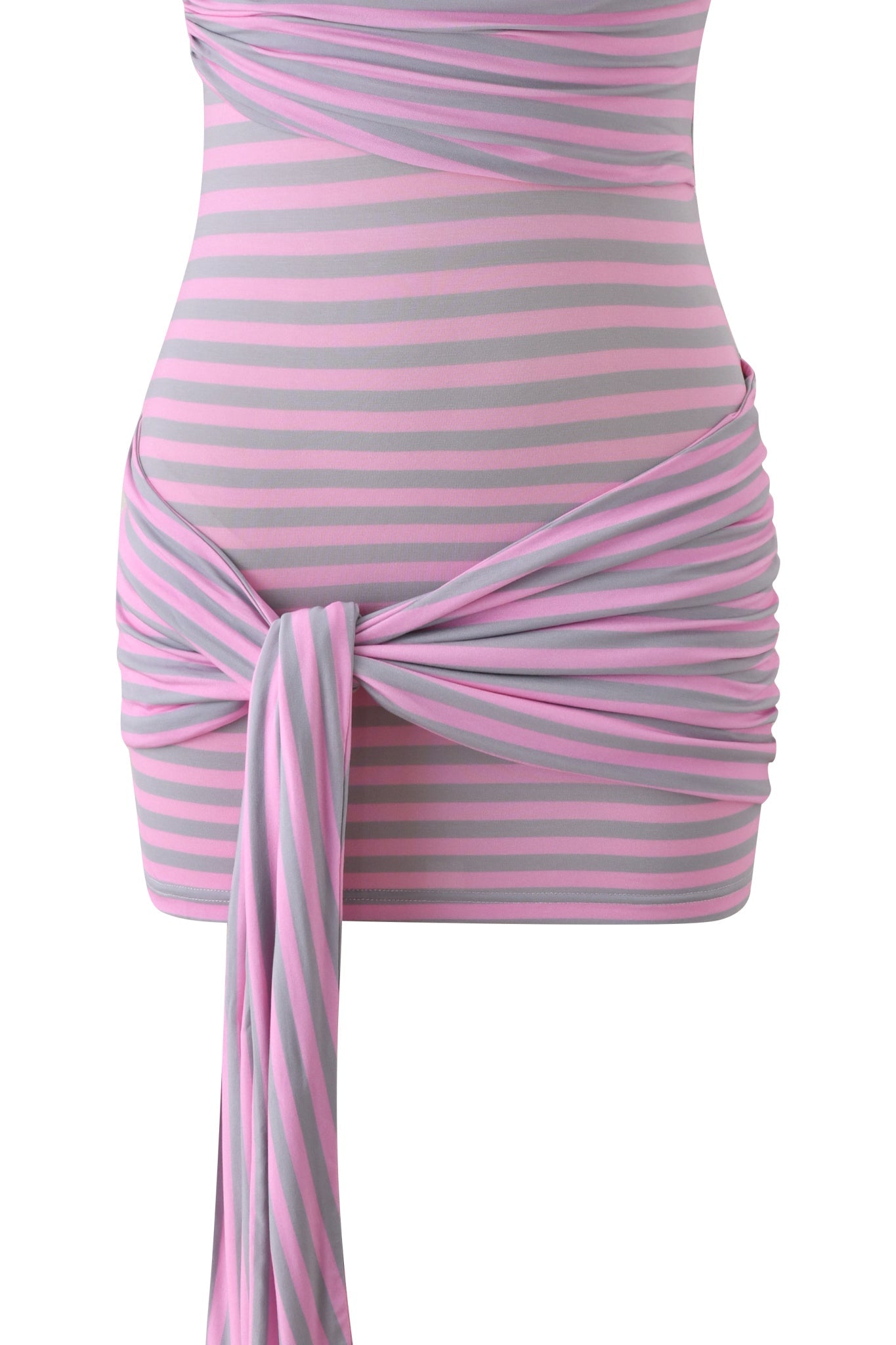 Close-up of the I.AM.GIA CAPRICE MINI DRESS - PINK STRIPE, a bodycon mini dress with horizontal pink and gray stripes and a knotted waist detail featuring hanging fabric in a vertical stripe pattern.