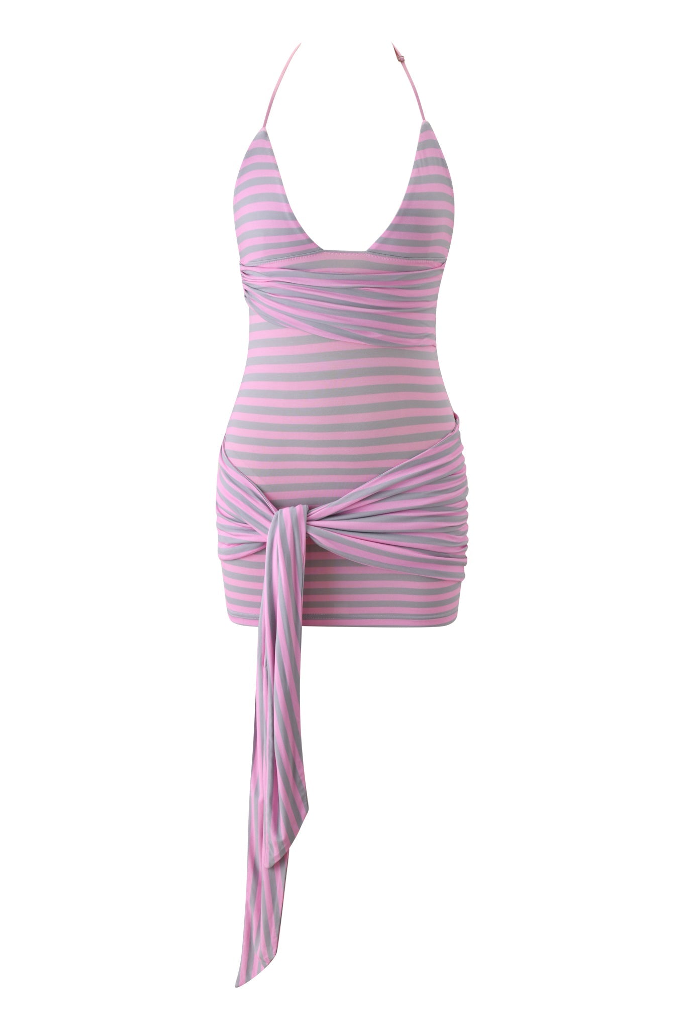 The CAPRICE MINI DRESS - PINK STRIPE by I.AM.GIA is a sleeveless, halter-neck bodycon mini dress with pink and lavender stripes, a deep V-neckline, adjustable halter neck, and draped waist tie detail.