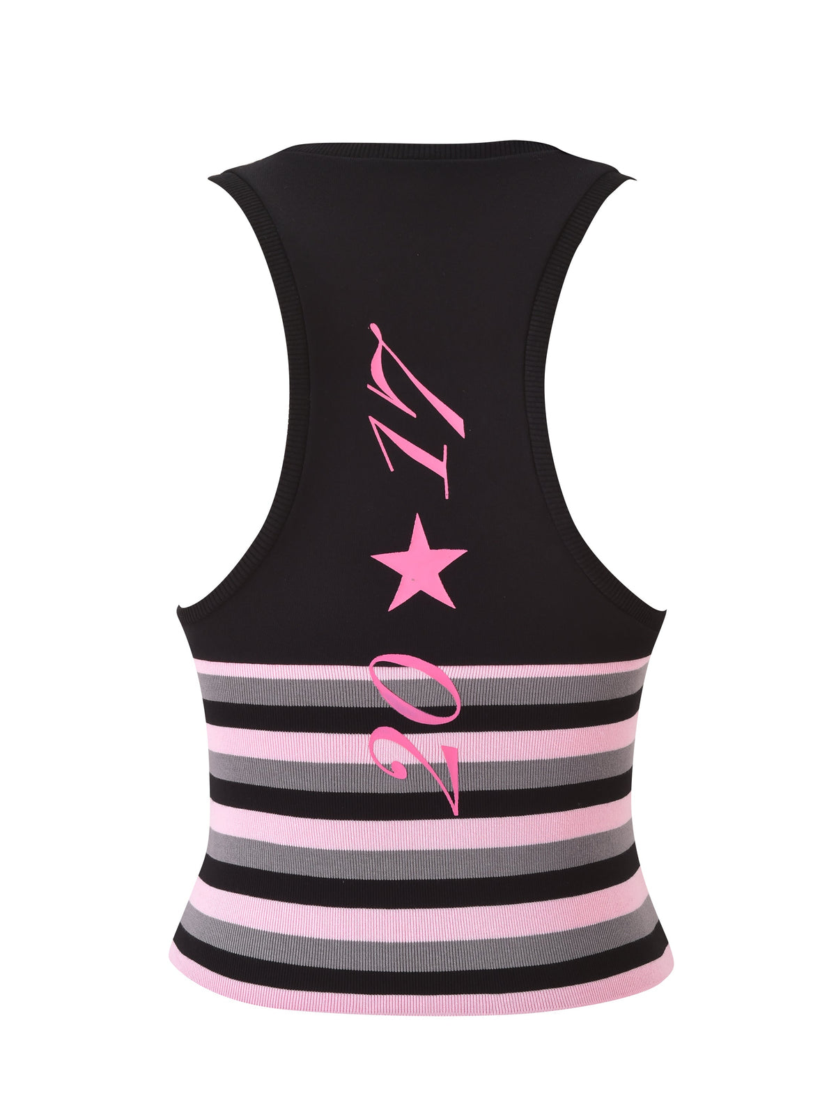 The CANDI TOP - BLACK by I.AM.GIA is a V-neck racerback tank featuring a form-fitting, bodycon silhouette. Viewed from behind, it showcases pink stripes at the hem and a bold pink “17” with a star graphic centered on the back.