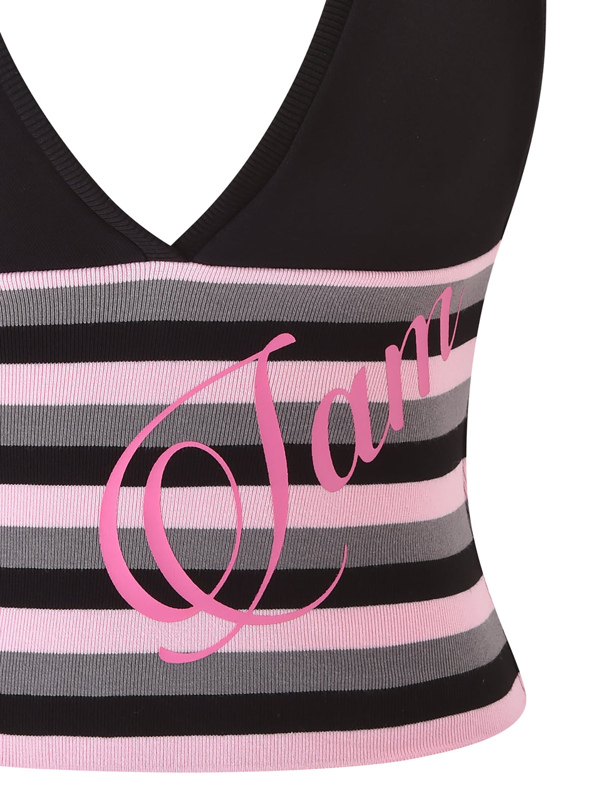 A close-up of the CANDI TOP - BLACK by I.AM.GIA showcases its sleeveless, V-neck racerback design with bold black, pink, and gray horizontal stripes. The front features “I am” in large pink script, while its bodycon fit accentuates your shape and delivers a modern edge to this striking style.