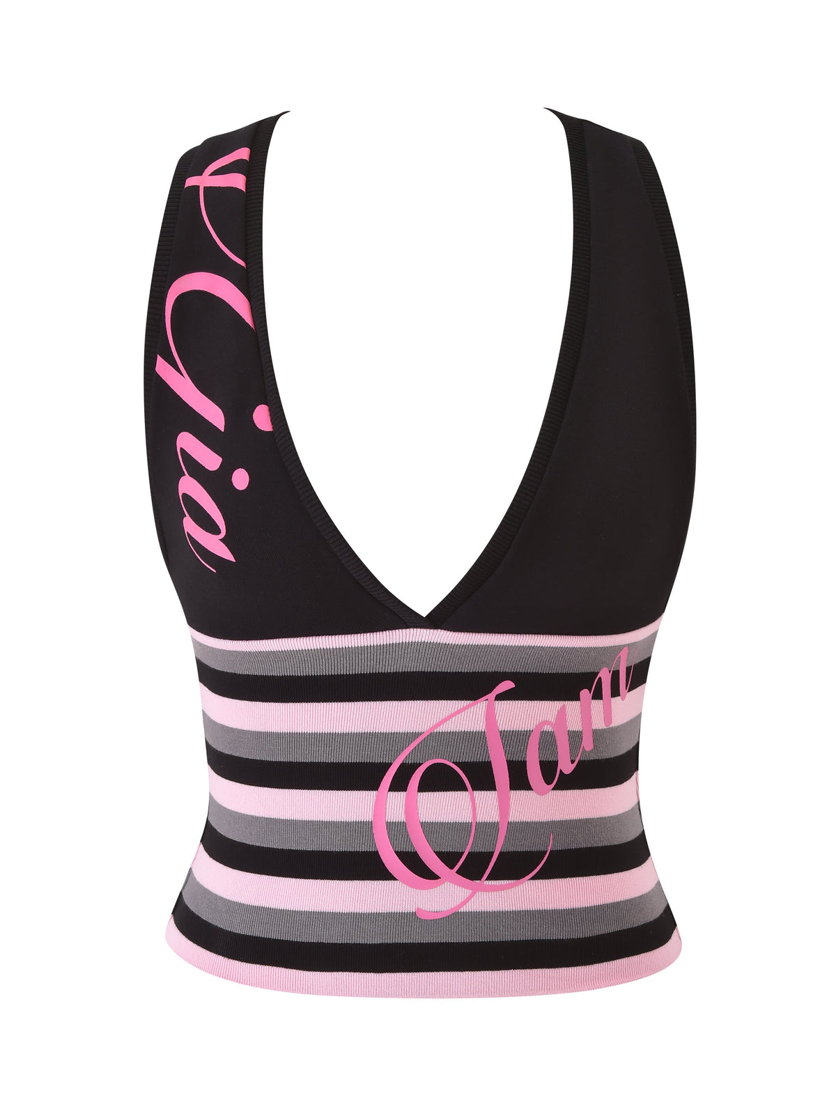 Introducing the CANDI TOP - BLACK by I.AM.GIA: a black sleeveless crop top featuring a deep V-neck racerback design, accented with pink and white horizontal stripes. The top showcases “Gia” in pink script on the strap and “I am” on the striped section, all styled in a flattering bodycon fit for a modern silhouette.