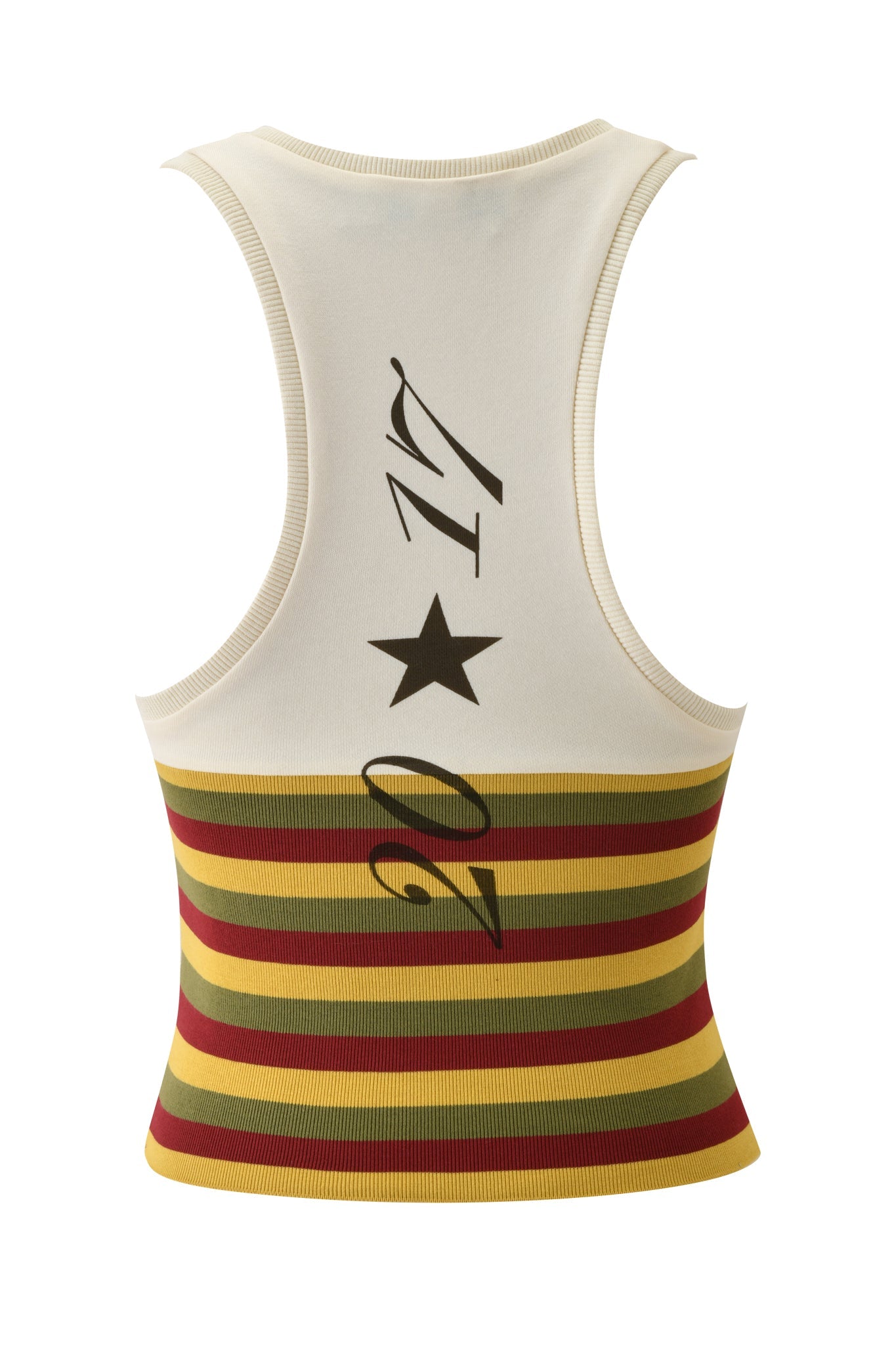 The CANDI TOP - CREAM by I.AM.GIA is a bodycon, sleeveless V-neck racerback featuring green, red, and yellow striped ribbing on the lower half, with "27 ⭐ 07" in black on the upper back.