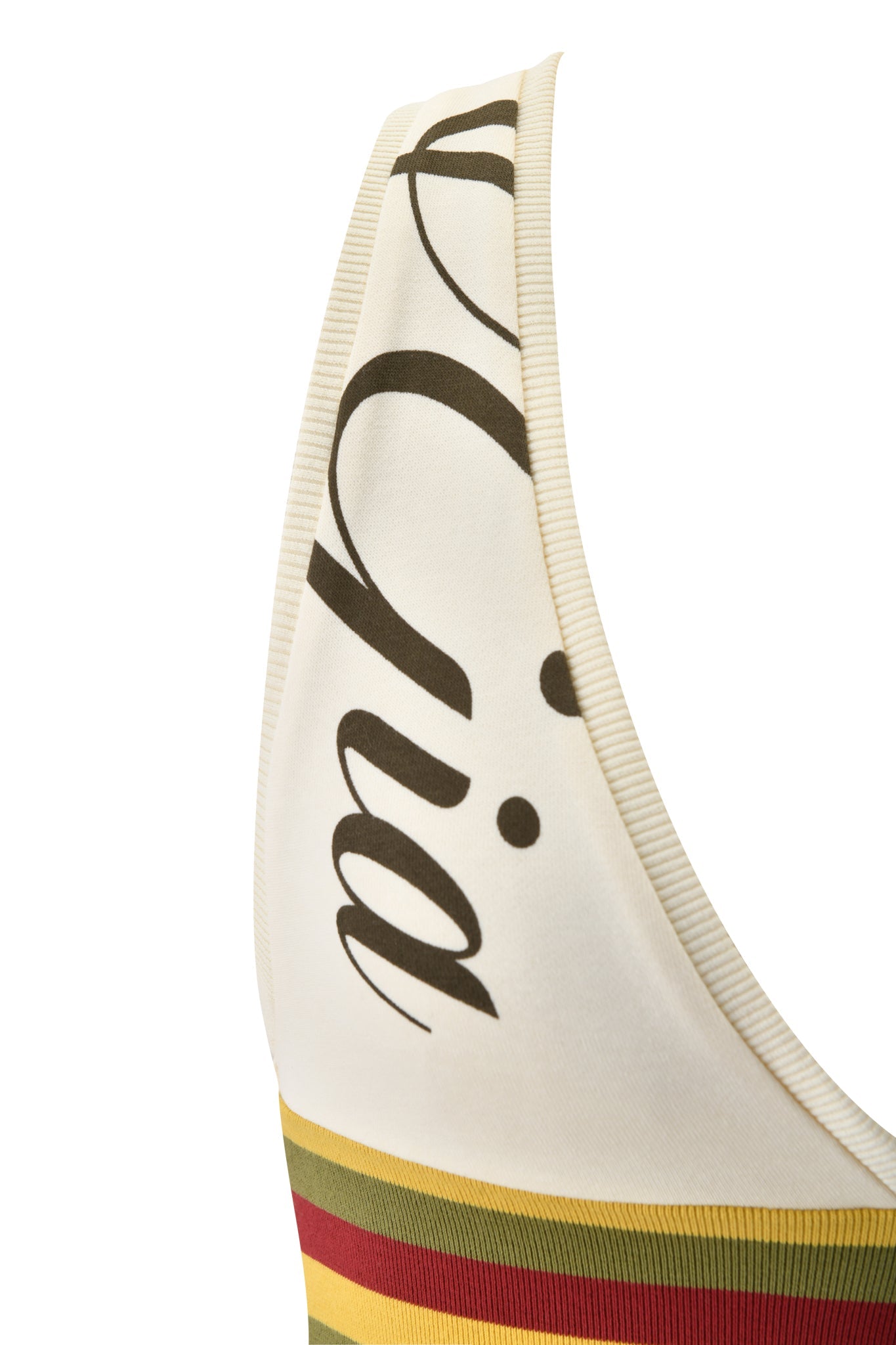 Close-up of the I.AM.GIA CANDI TOP - CREAM, featuring a V-neck racerback, cream strap with black cursive text, and tri-coloured ribbed stripes in yellow, green, red, and brown for a unique bodycon fit.
