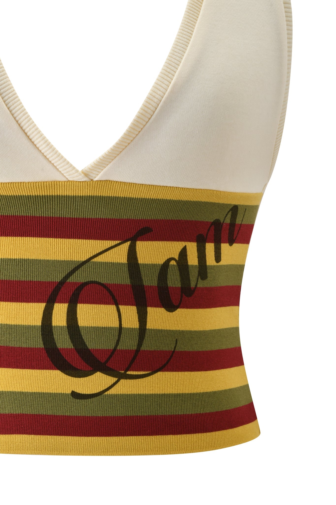 Close-up of the I.AM.GIA CANDI TOP - CREAM, a V-neck racerback bodycon top with a cream upper, yellow-red-green striped ribbing, and "I am" printed in bold cursive across the stripes.