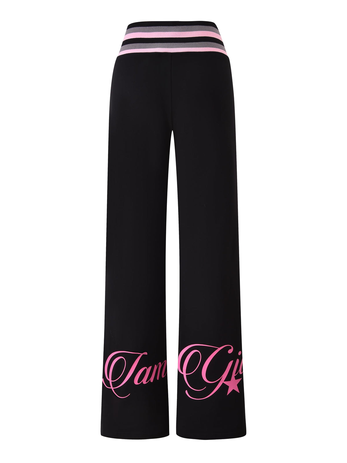 The CANDI PANT - BLACK by I.AM.GIA features a wide-leg silhouette crafted from soft loopback terry fabric, accented with a bold tri-coloured ribbed waistband in pink and white stripes, and finished with “Tame Girl” in large pink script along the bottom of each leg.