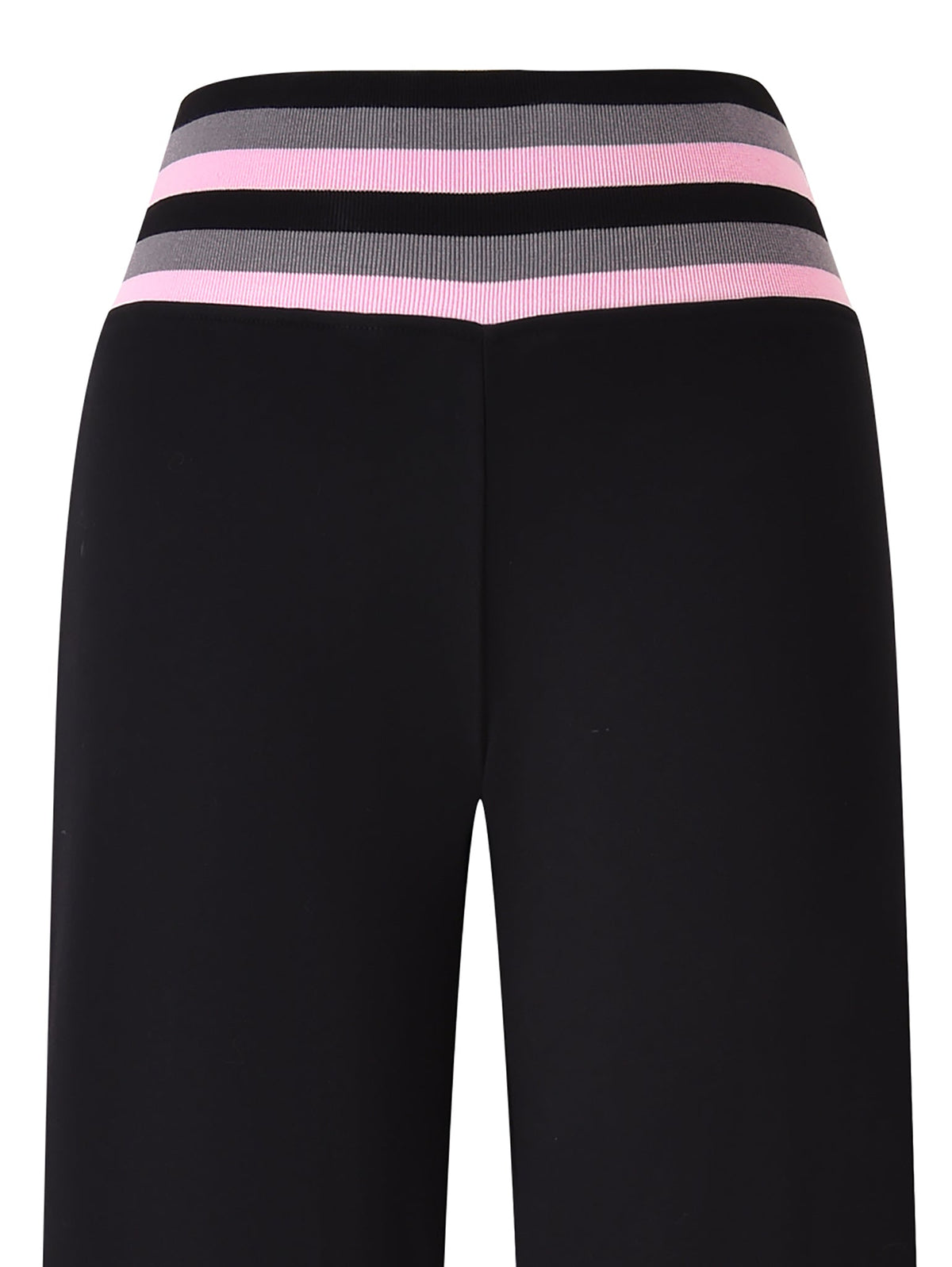 The image displays the upper portion and detailed waistband of the I.AM.GIA CANDI PANT - BLACK, a pair of black wide leg tracksuit pants featuring a tri-coloured rib waistband with horizontal stripes in pink, gray, and black. Crafted from soft loopback terry material, the product is shown against a white background.