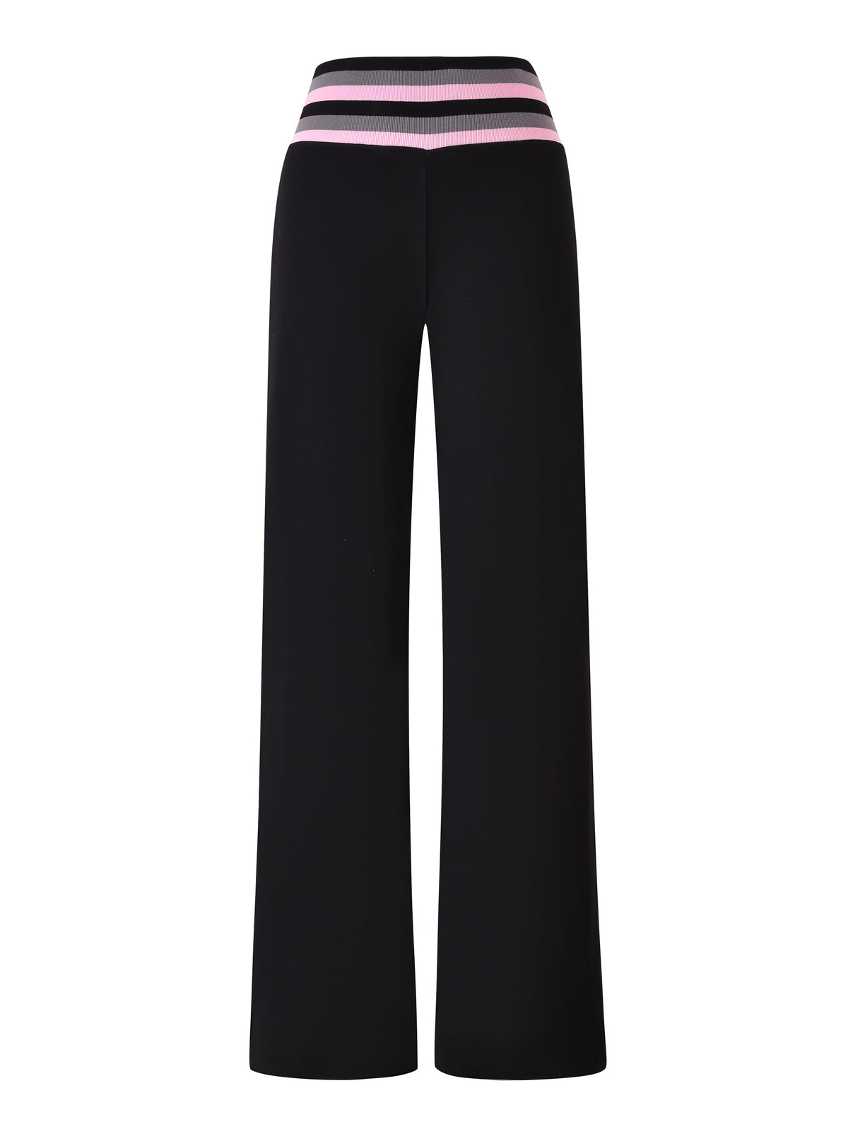 The CANDI PANT - BLACK by I.AM.GIA showcases wide-leg tracksuit pants in black, crafted from loopback terry fabric. These high-waisted pants feature a striking tri-coloured ribbed waistband with pink and white striped detailing, and are displayed from the back against a plain white background.
