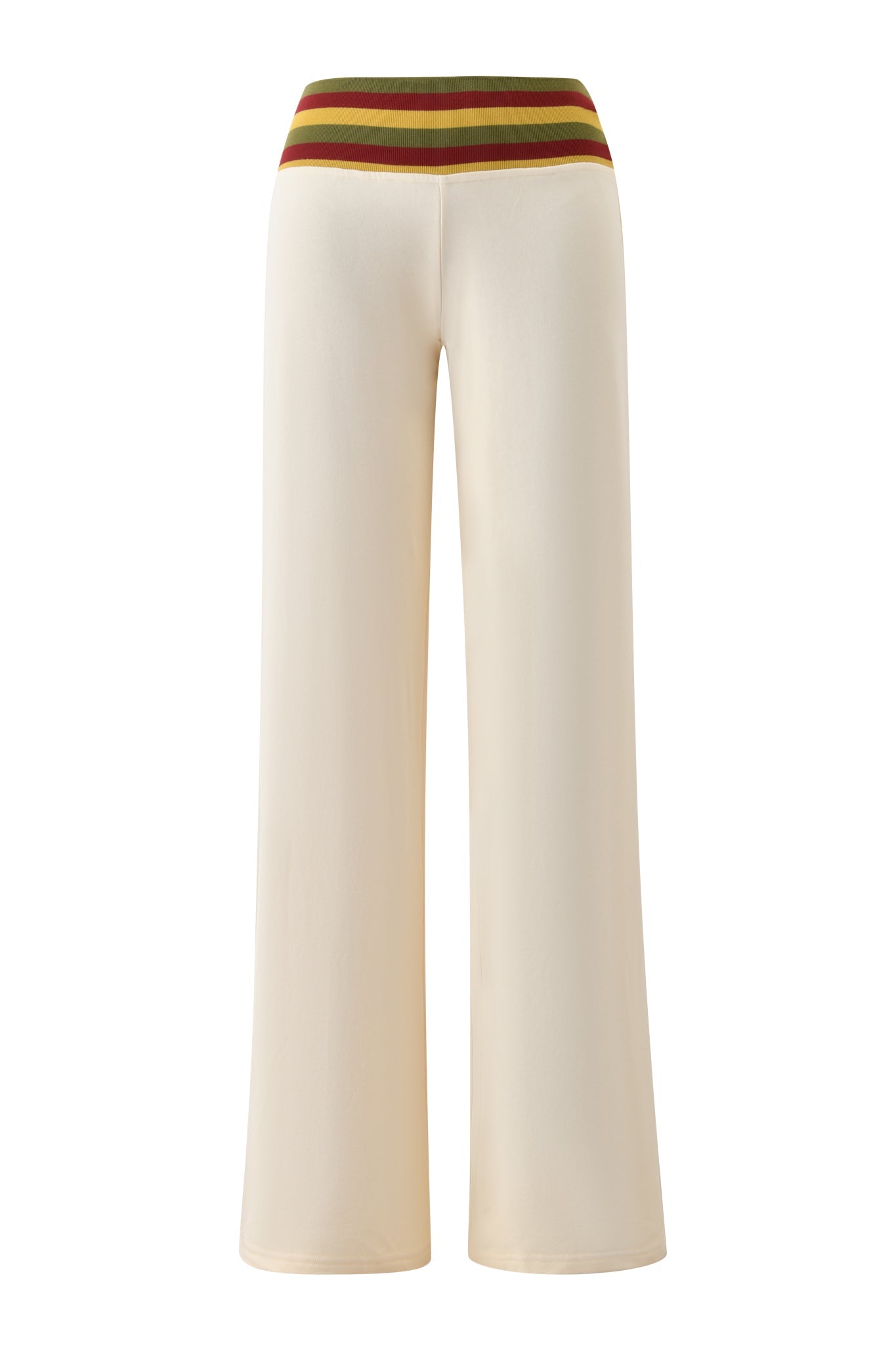 The CANDI PANT - CREAM by I.AM.GIA features a relaxed wide leg fit, high-rise elastic waist, and tri-coloured maroon, brown, and mustard yellow rib waistband. Crafted from smooth, flowy fabric for effortless movement.