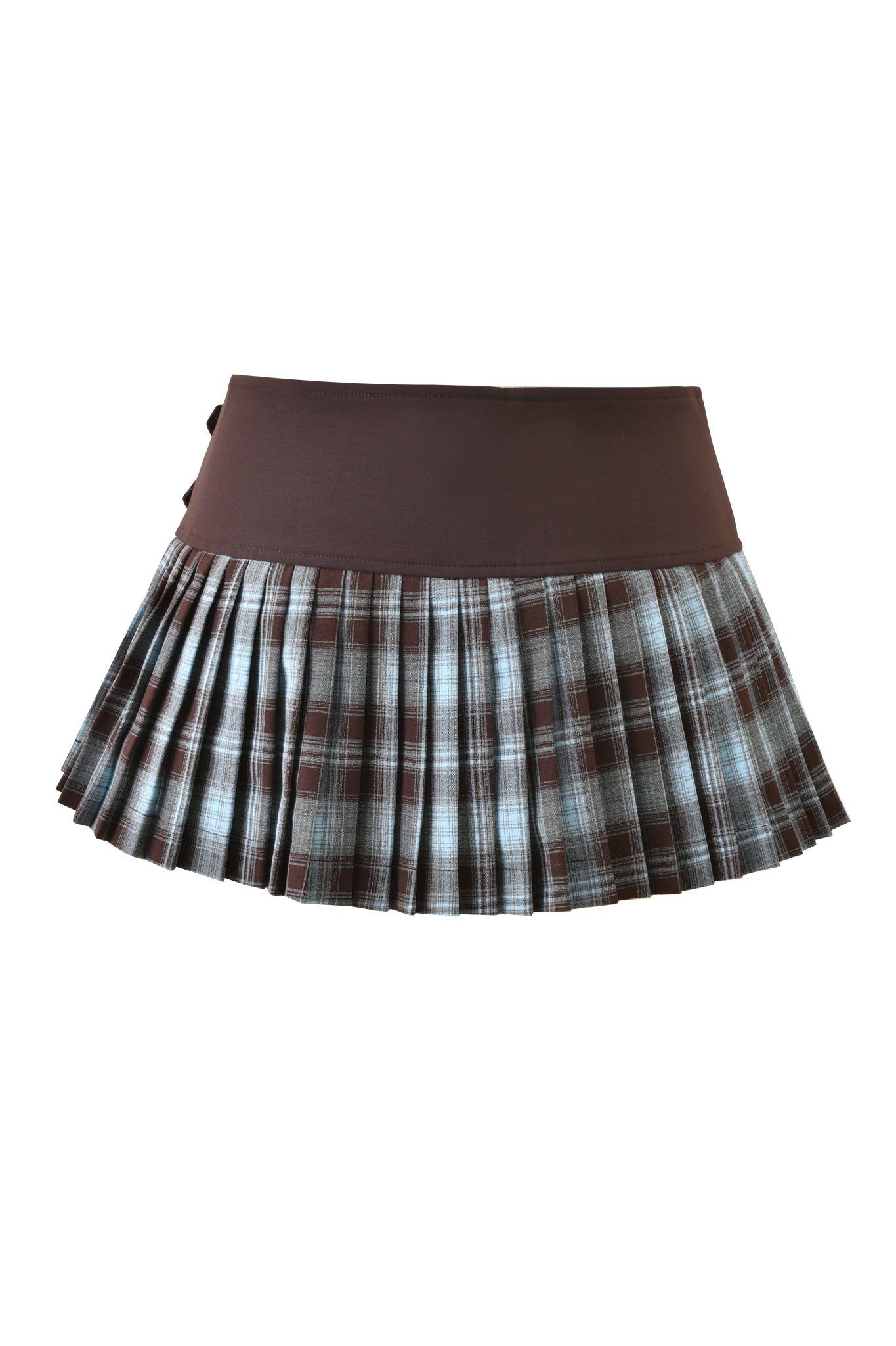 The I.AM.GIA ROUX MINI SKORT 2.0 in blue plaid features crisp pleats and a contrasting brown waistband, shown isolated on a white background.