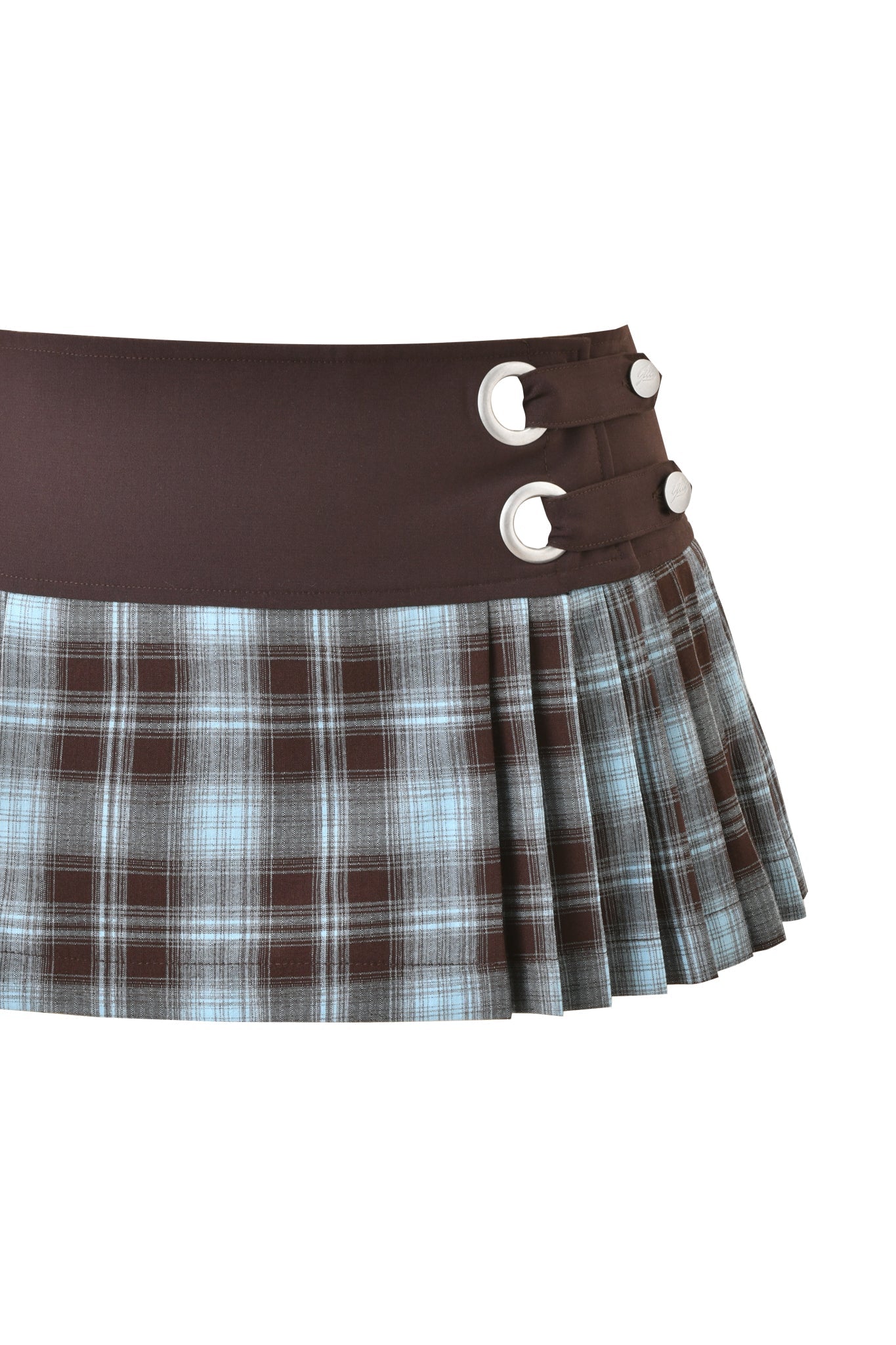 The I.AM.GIA ROUX MINI SKORT 2.0 - BLUE PLAID is a brown and blue plaid micro mini pleated skort with a solid brown waistband and two silver buckle accents on one side.
