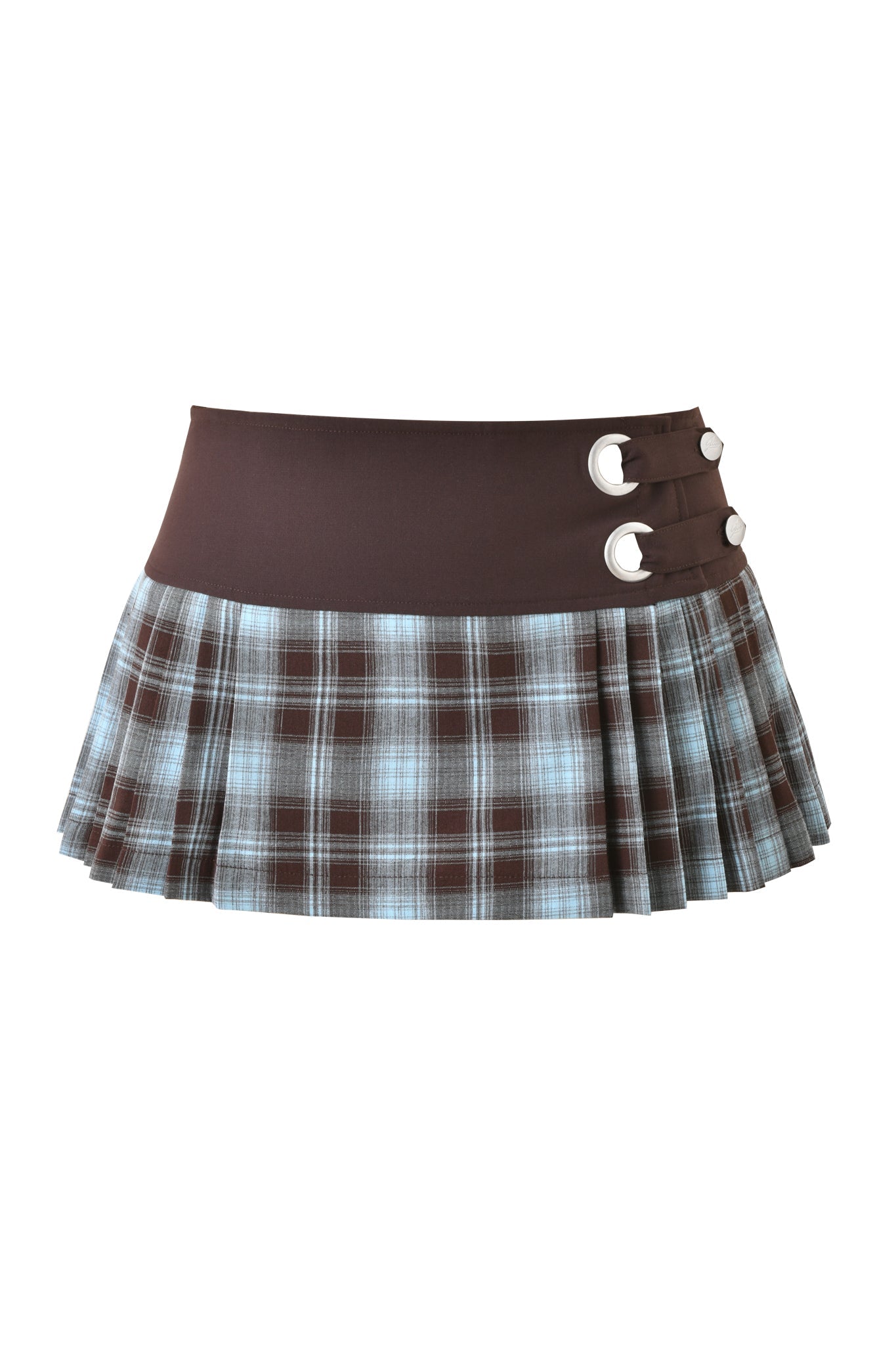 The I.AM.GIA ROUX MINI SKORT 2.0 in blue plaid features sharp pleats, a solid brown waistband, and two silver side buckle accents for a chic look.