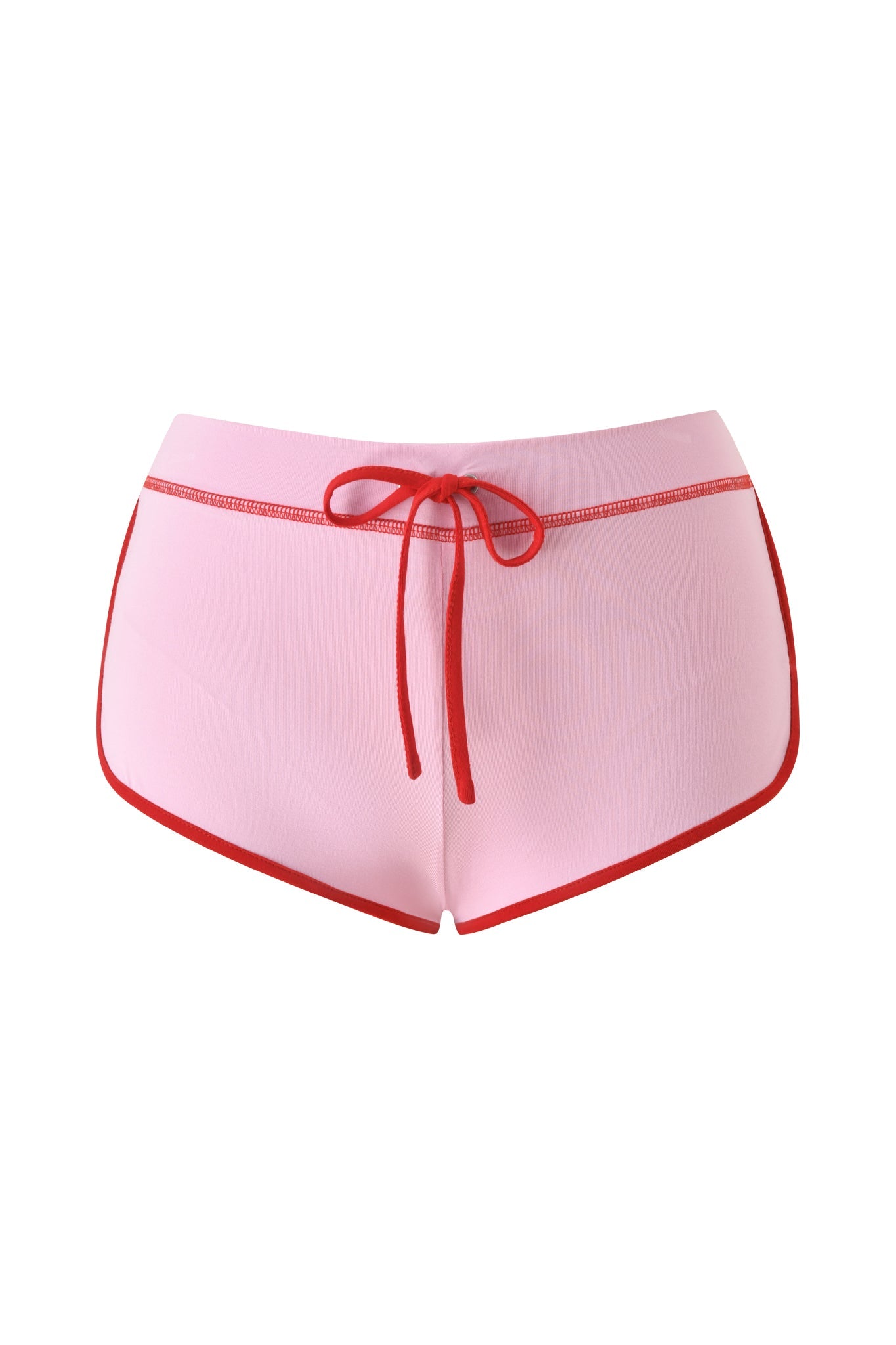 The BLARE DOLPHIN SHORT - BABY PINK by I.AM.GIA features a pink athletic design with bold red trim and a matching red drawstring, shown on a white background—ideal as summer beachwear or trendy bamboo dolphin shorts for your next sunny outing.