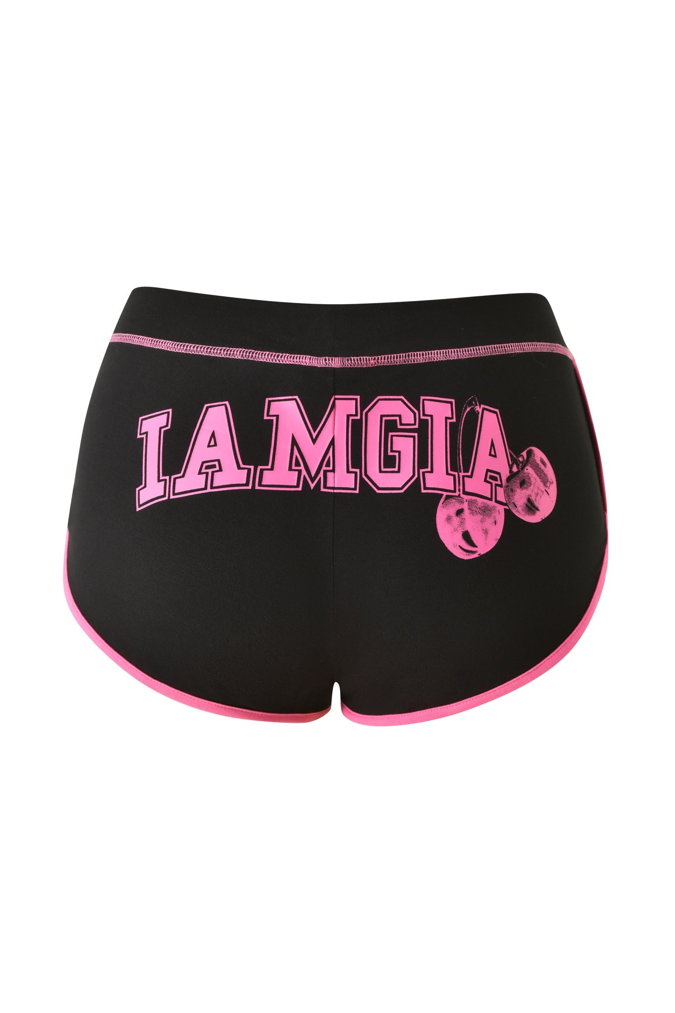 The BLARE DOLPHIN SHORT - BLACK by I.AM.GIA are black mini dolphin shorts with pink trim, adorned with bold pink and white "IAMGIA" lettering across the back and two small pink cherries beside the last letter—ideal for lounging in style or wearing as chic summer beach shorts.