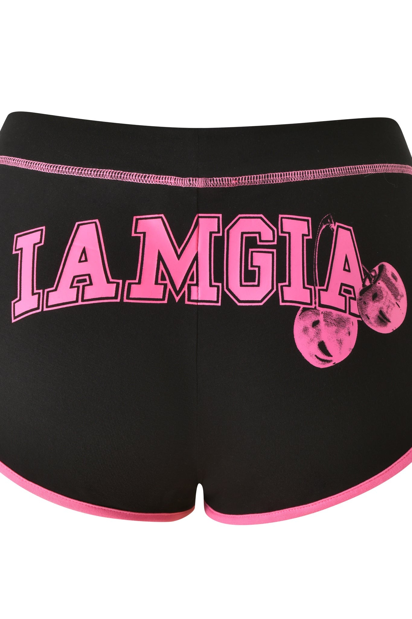 Introducing the BLARE DOLPHIN SHORT - BLACK by I.AM.GIA: These black mini dolphin shorts feature eye-catching pink trim. The back showcases bold pink "I.AM.GIA" lettering alongside a playful two-cherry graphic near the final letter. Perfect for summer, these stylish shorts add a fun, flirty touch to any beach or warm-weather outfit.