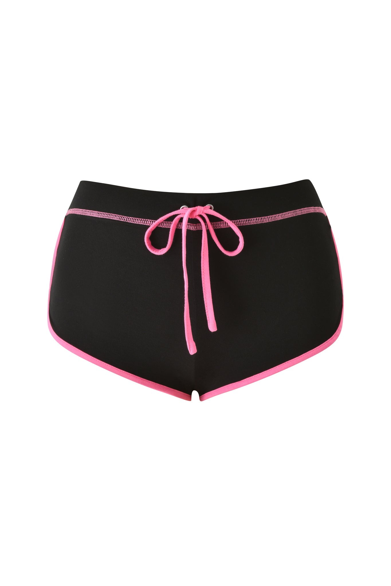 I.AM.GIA’s BLARE DOLPHIN SHORT - BLACK features a black base with pink trim and a matching pink drawstring, shown against a white background—ideal for stylish comfort during summer beach days.