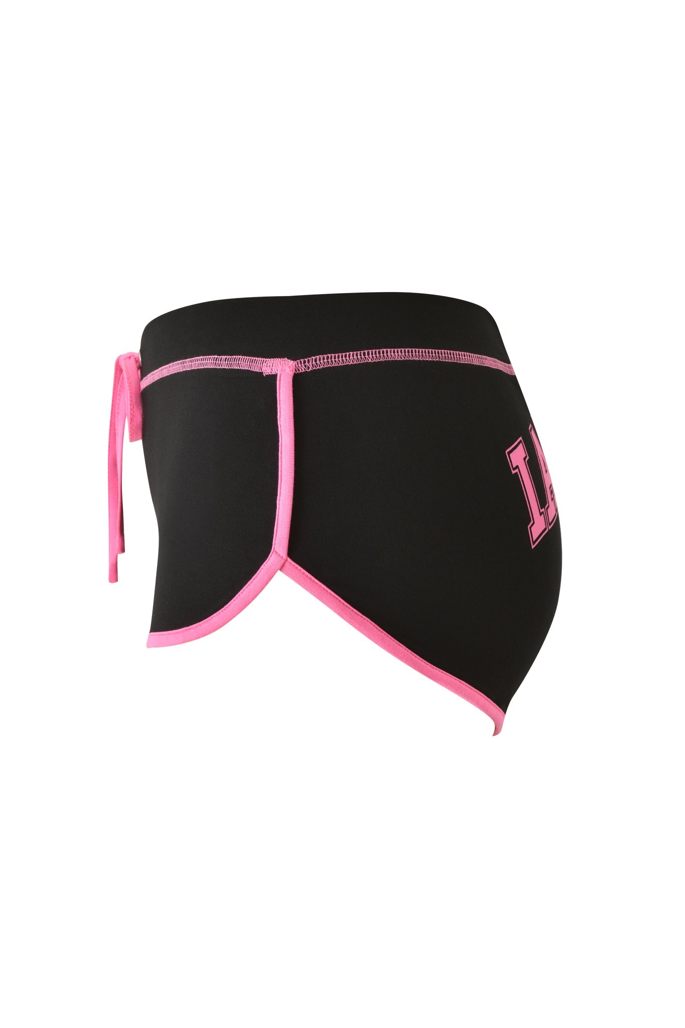 Showcased from a side profile against a white background, the BLARE DOLPHIN SHORT in black by I.AM.GIA features pink trim and side ties, along with a pink outlined "L" letter detail on the back—reminiscent of classic black mini dolphin shorts.