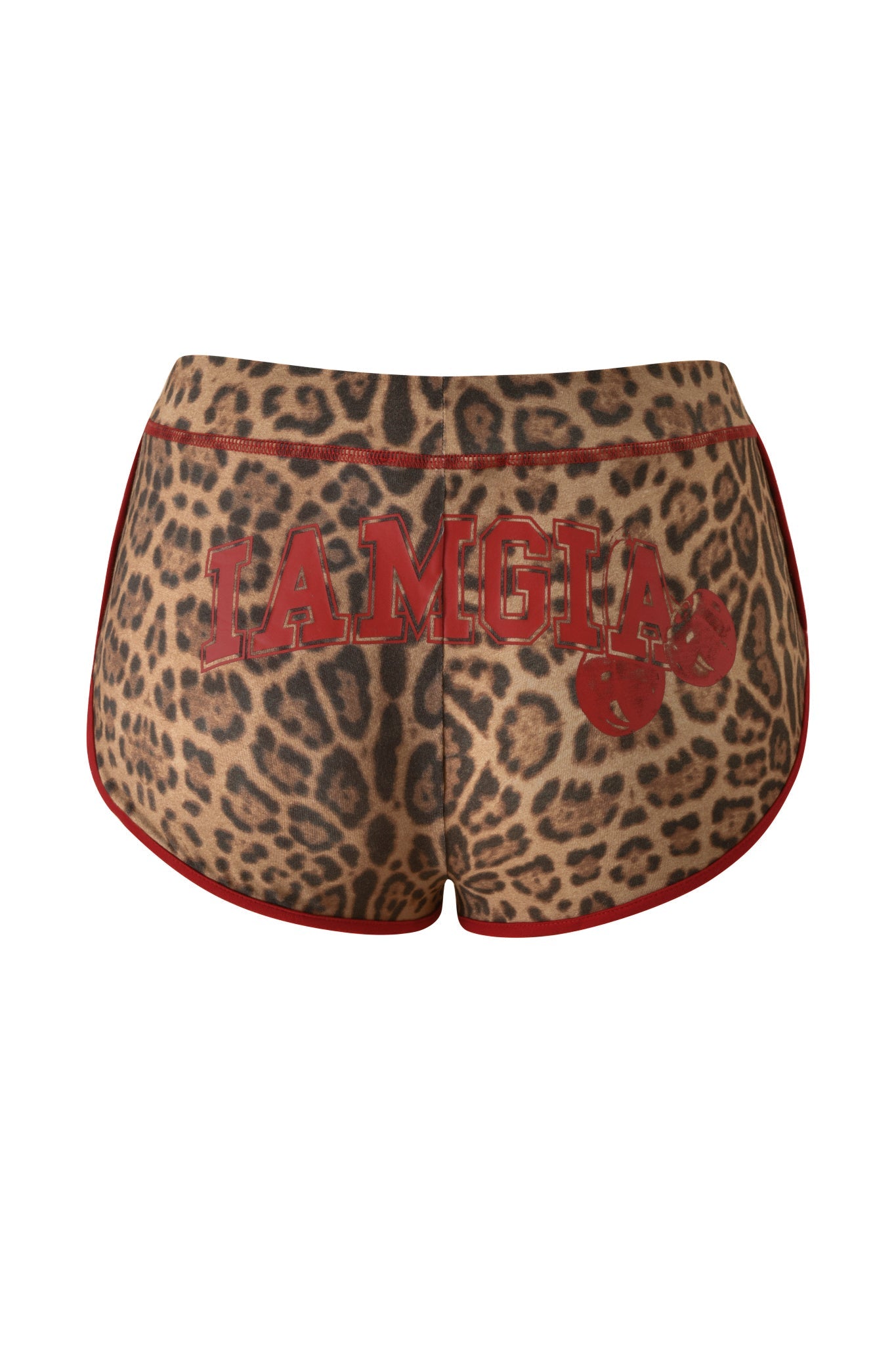 Back view of the BLARE DOLPHIN SHORT - PANTHERA by I.AM.GIA, featuring a striking leopard print with red trim and bold red "I.AM.GIA" lettering across the back. Crafted from breathable bamboo fabric, these shorts are perfect for all your summer adventures.