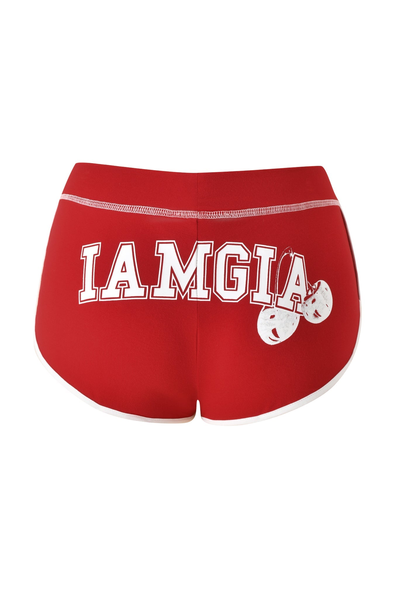 Introducing the BLARE DOLPHIN SHORT - RED by I.AM.GIA. These red mini shorts showcase “I AM GIA” boldly printed in white across the back, accented by two illustrated cherries hanging from the letter “A” on the right side. Add a playful twist to your casual wardrobe with these signature I.AM.GIA shorts.