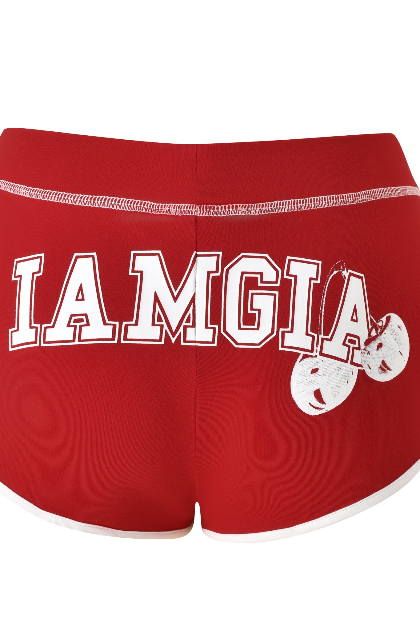The BLARE DOLPHIN SHORT - RED by I.AM.GIA features a playful design: bold white "IAMGIA" lettering stretches across the back, with the final "A" partly overlaid by an image of two white cherries. These classic red mini shorts have sporty white trim for an iconic finish.