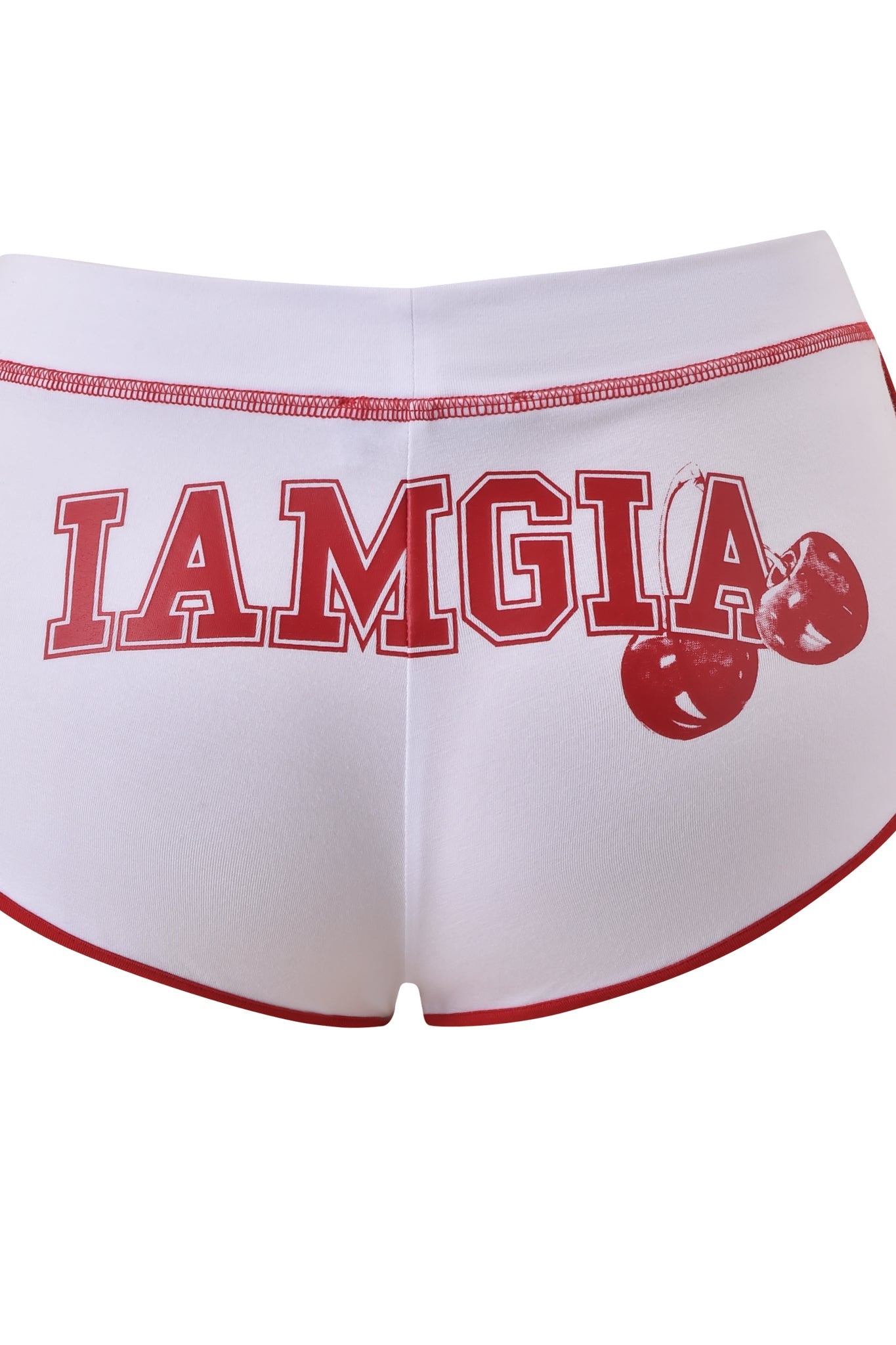 The BLARE DOLPHIN SHORT - WHITE by I.AM.GIA features red trim, bold red "IAMGIA" text, and a graphic of two cherries printed on the back.