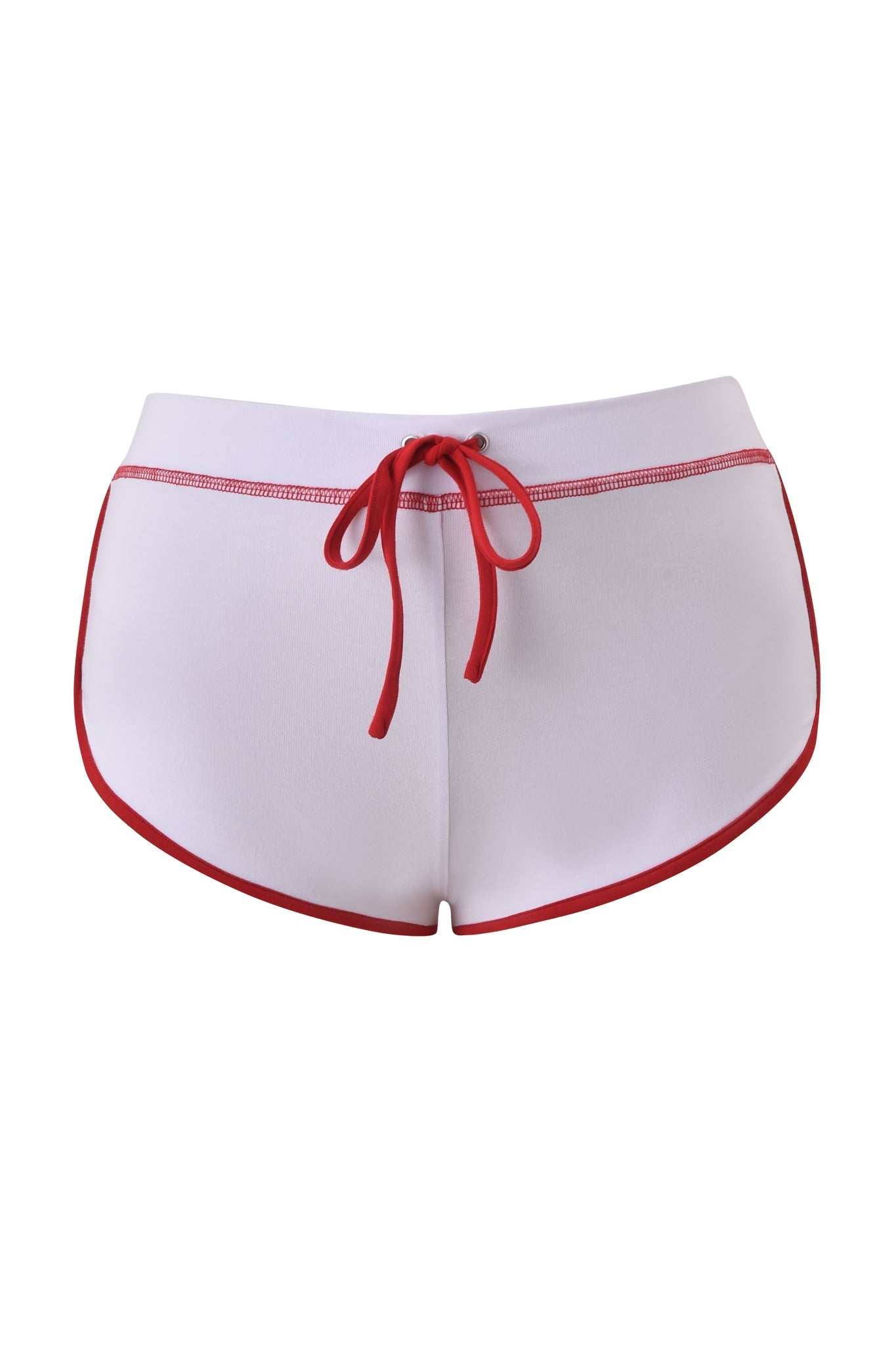 The BLARE DOLPHIN SHORT by I.AM.GIA is shown from the back in white with red trim and a red drawstring, mini length, against a plain white background.