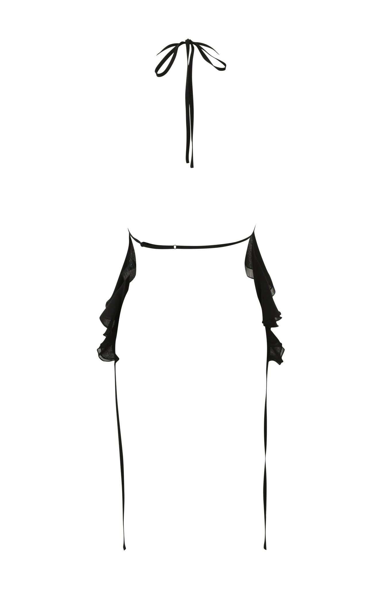 The I.AM.GIA PORTIA RUFFLE HALTER TOP in black is a semi-sheer lingerie set with a halter neck, minimal skirt, side ruffles, and long ties, shown against a white background for an alluring, delicate look.
