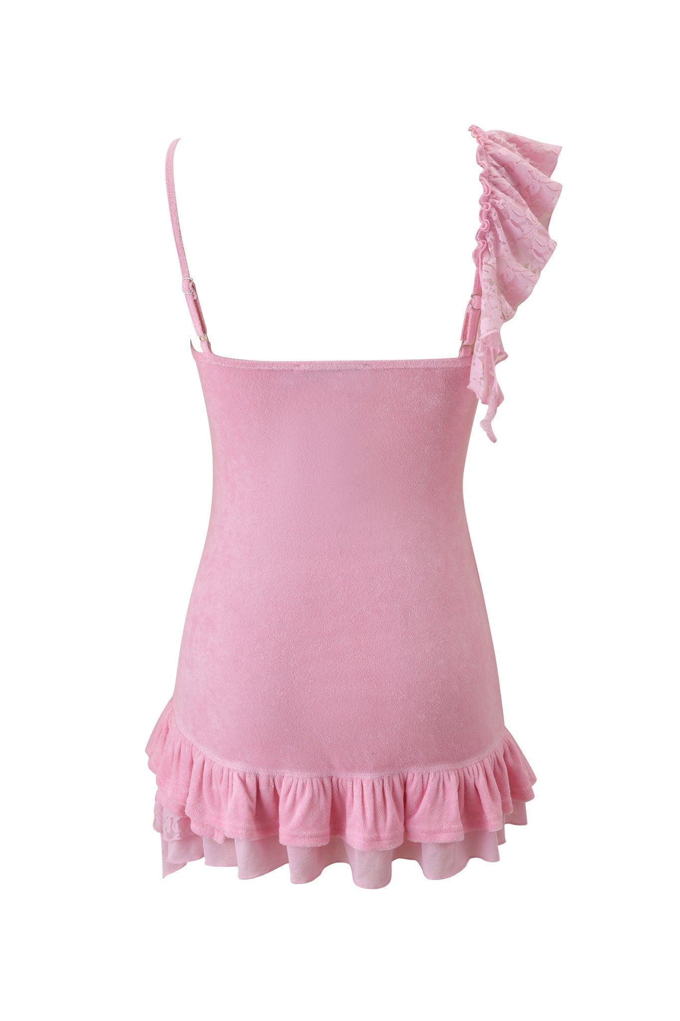 The BRIELLE TERRY MINI DRESS by I.AM.GIA is a pink mini dress featuring an asymmetrical ruffled hem and a single ruffled shoulder strap, displayed from the back against a white background.