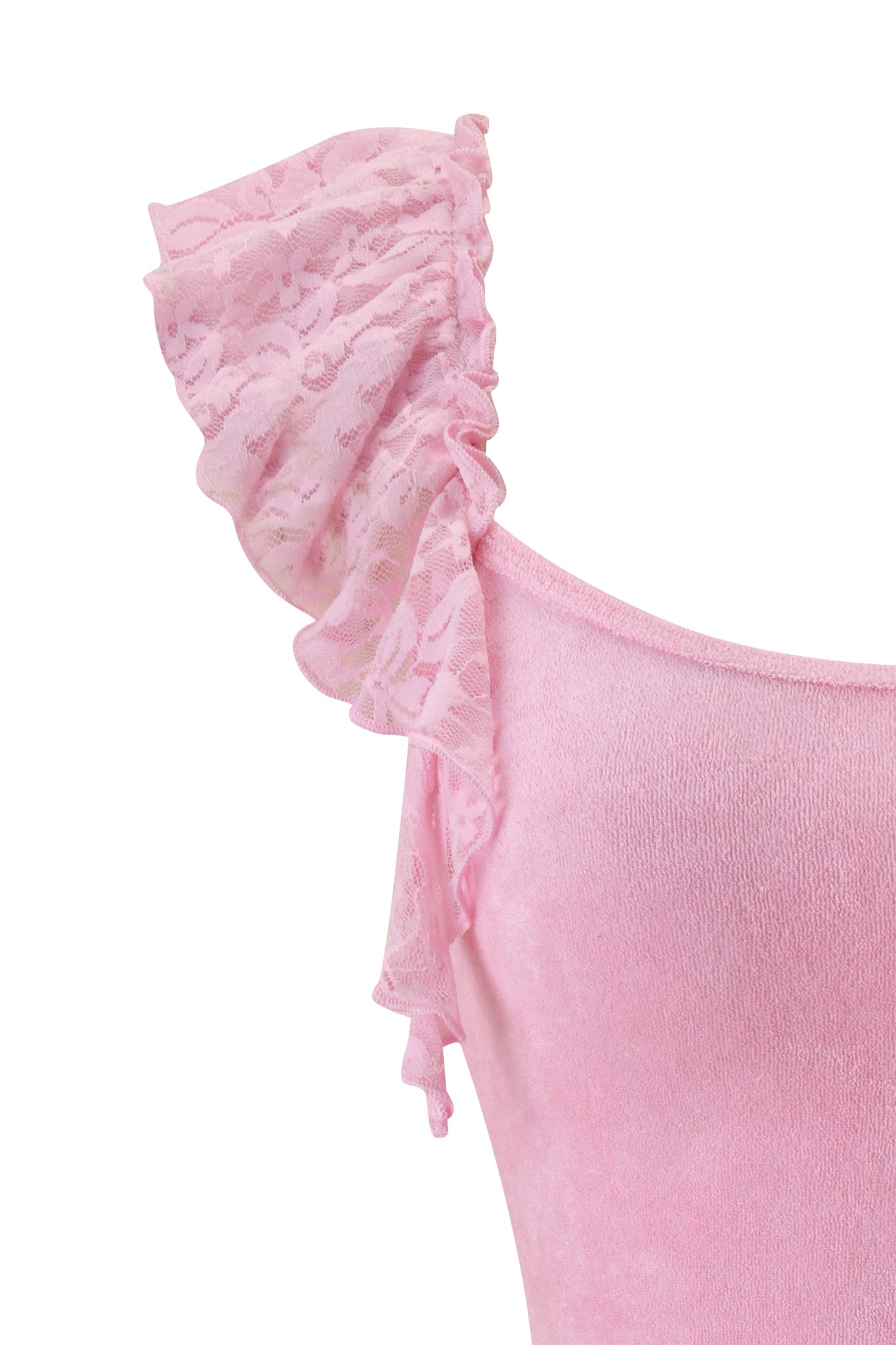 Close-up of the I.AM.GIA BRIELLE TERRY MINI DRESS in pink, showcasing a velvet texture with a single sleeve adorned by a delicate floral lace ruffle detail on the shoulder.