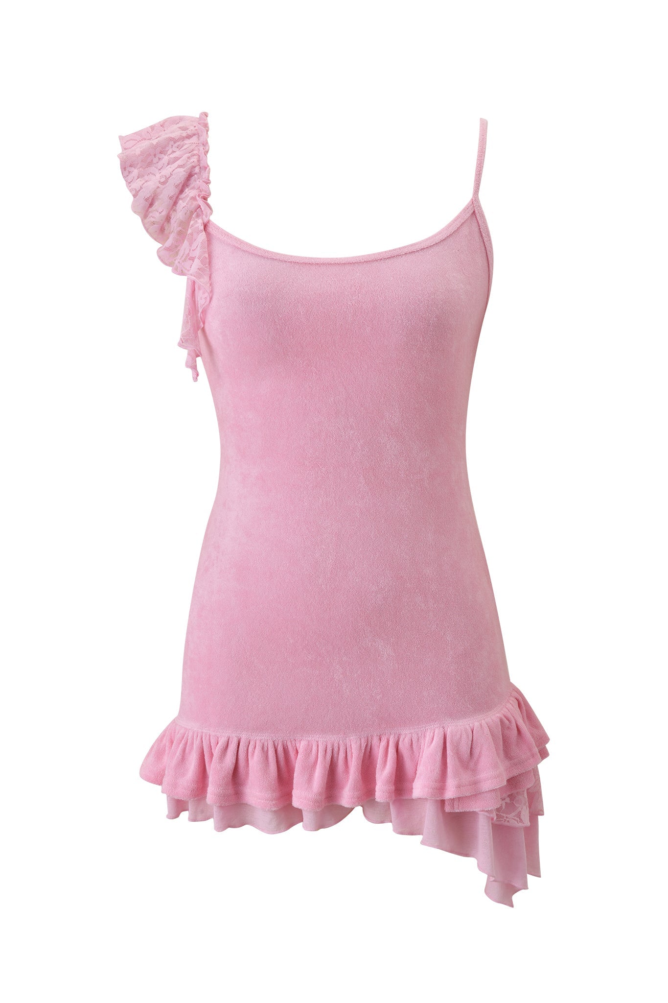 The BRIELLE TERRY MINI DRESS - PINK by I.AM.GIA is a sleeveless mini dress with one thin strap, one ruffled strap, a fitted bodice, and an asymmetrical ruffled hem for a playful touch.