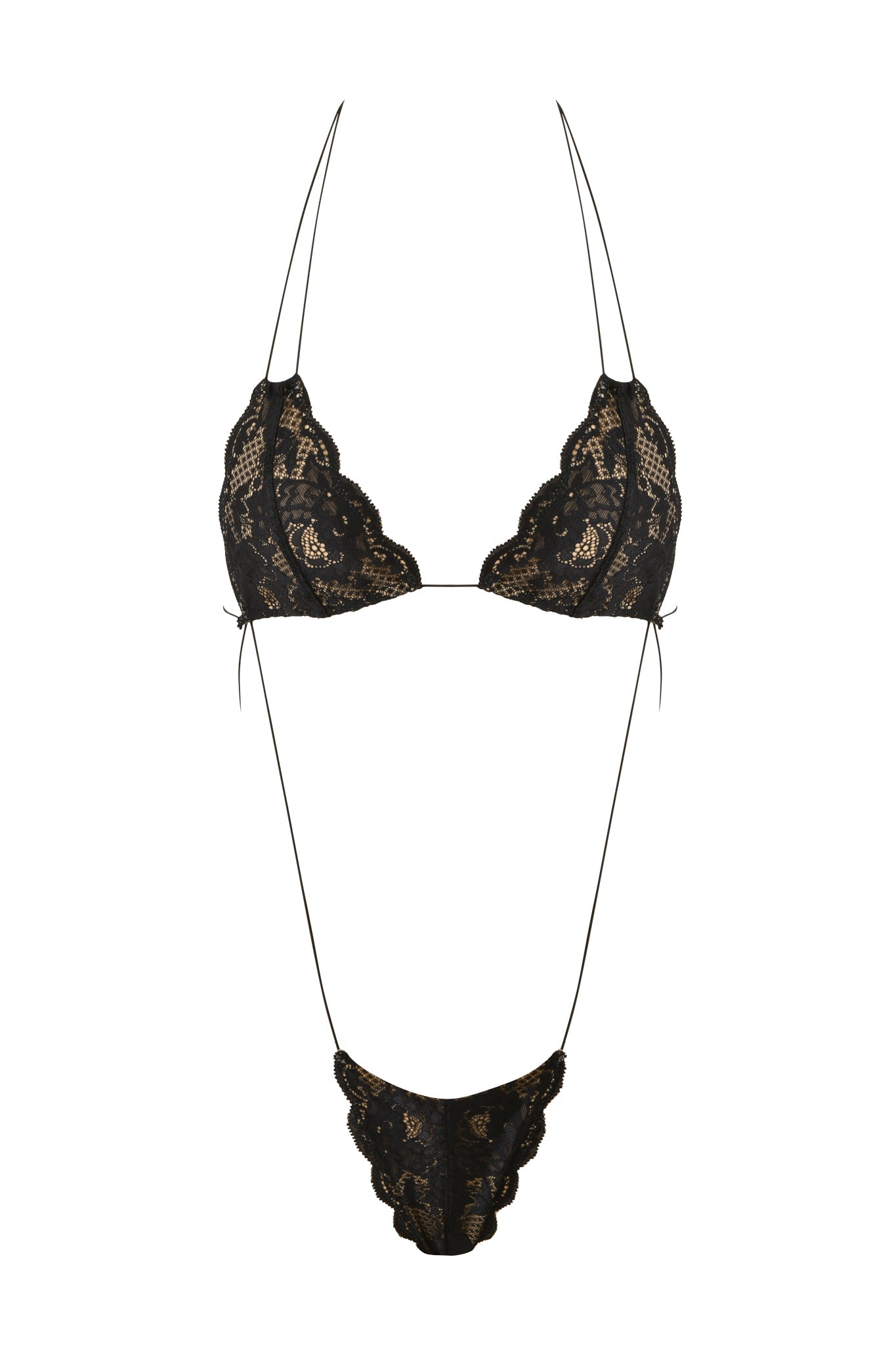The AMBER LACE BODYSUIT in black by I.AM.GIA features delicate scalloped lace trim and thin straps, offering a bold and stylish look.