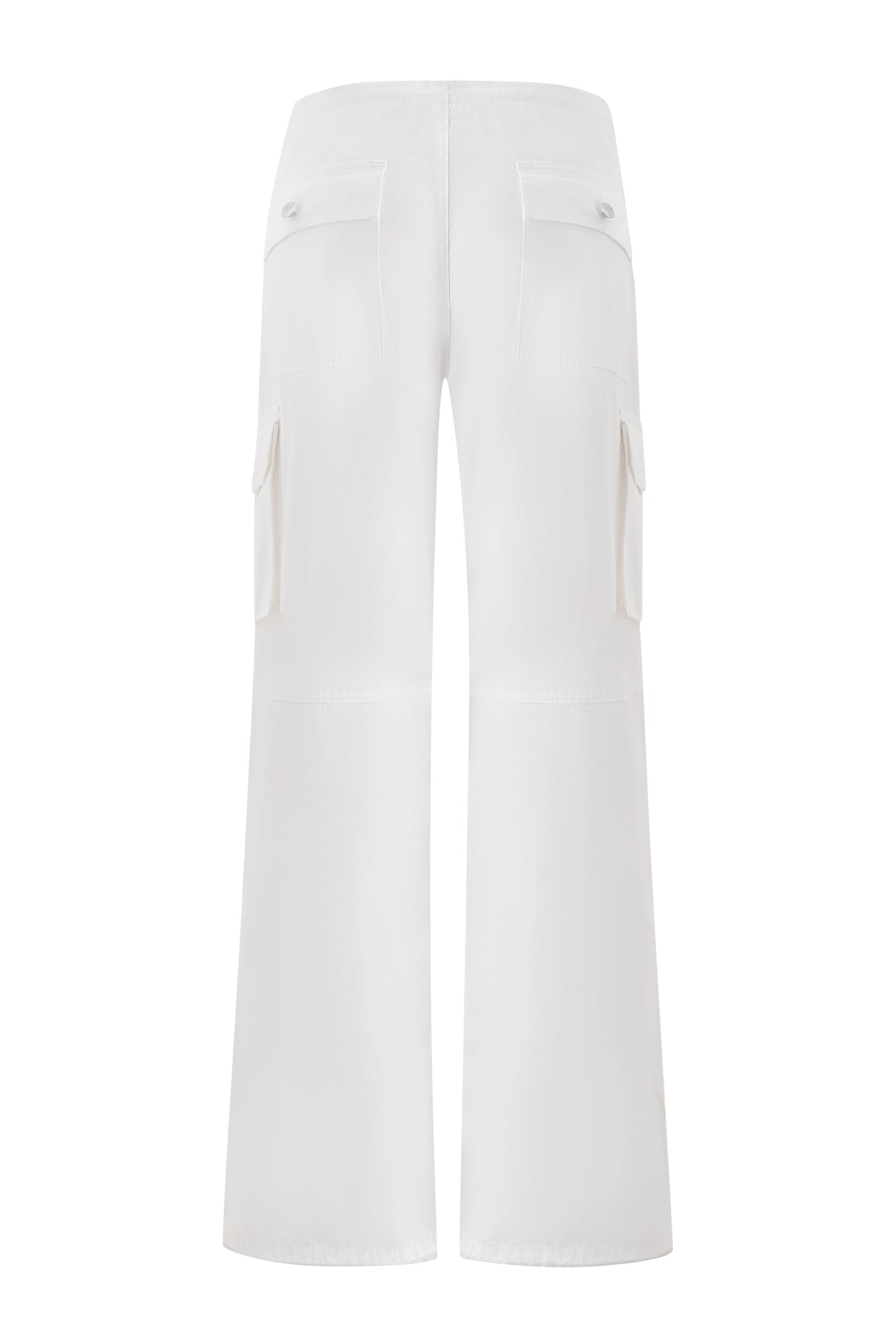 Back view of the I.AM.GIA IVANA CARGO PANT in white, featuring two back flap pockets, two side cargo pockets, a high waist, wide legs, and an oversized yet tailored fit.