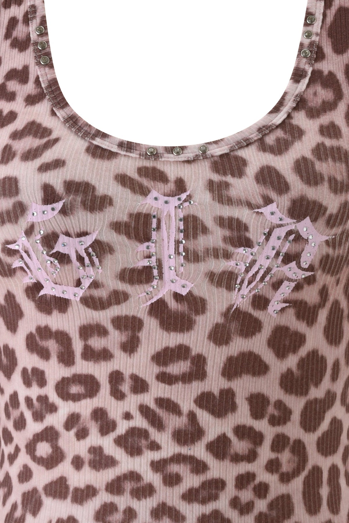 INA TANK - MAUVE LEOPARD ribbed tank top with silver rhinestone studs along the neckline and a decorative light pink graphic across the chest.