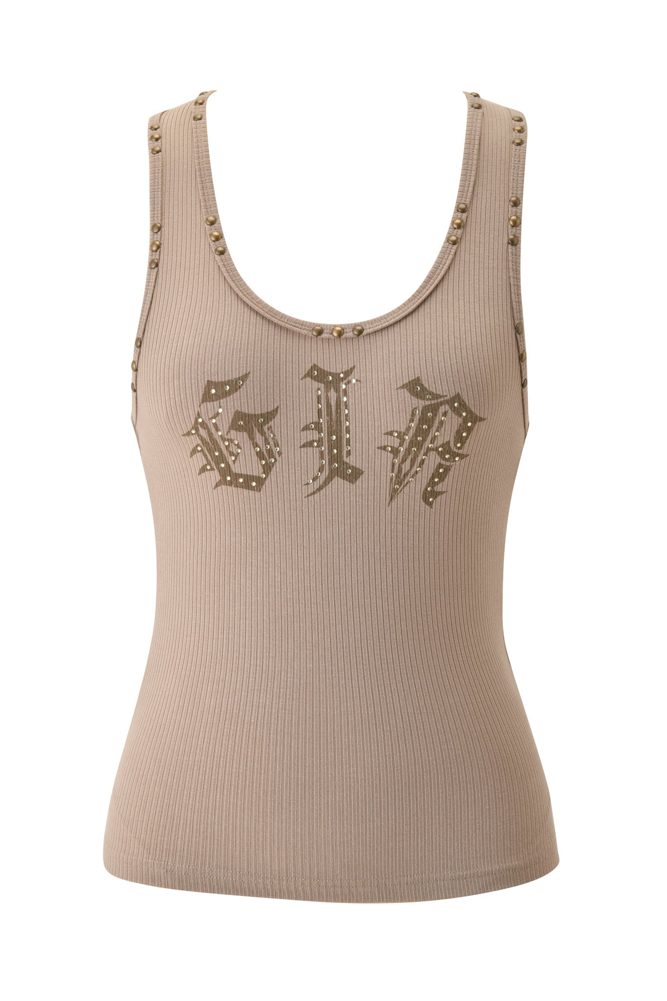 The INA TANK - MUSHROOM by I.AM.GIA is a brown ribbed tank top featuring gold-tone studs along the racer neckline, armholes, and forming Gothic-style lettering across the chest.